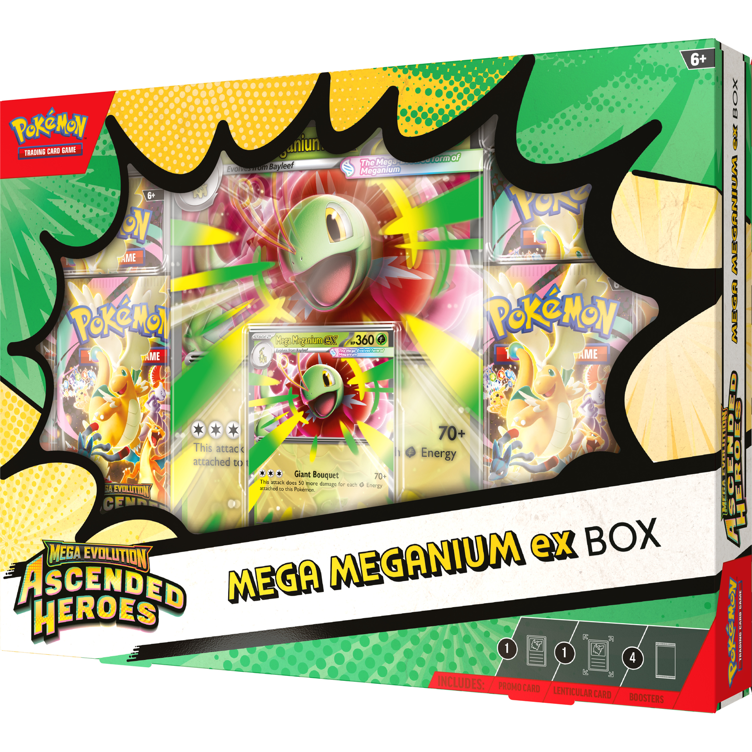 Pokémon Mega Meganium ex Box met ruilkaarten, promokaart en lenticulare kaart.
