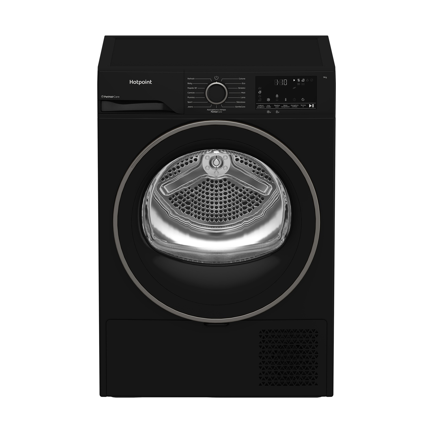 Asciugatrice Hotpoint nera con oblò argentato e pannello di controllo digitale.