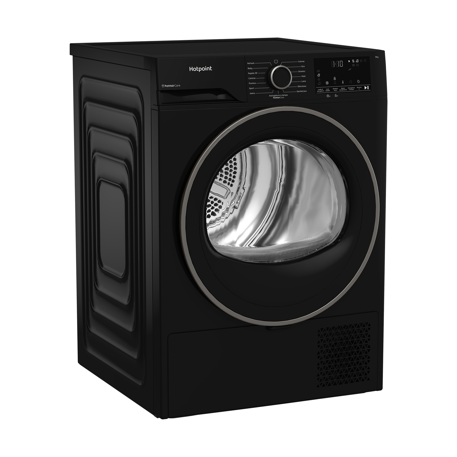 Asciugatrice Hotpoint nera con display digitale e bordo argentato intorno alla porta.