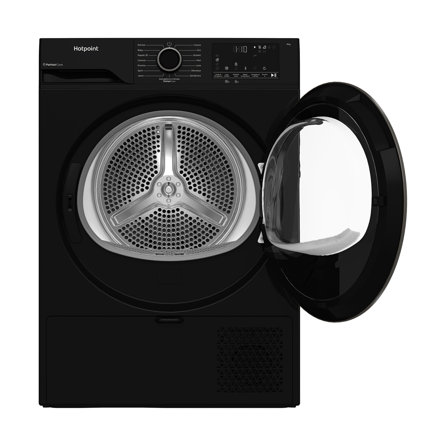 Asciugatrice Hotpoint nera con porta aperta, cestello visibile, pannello comandi in alto.