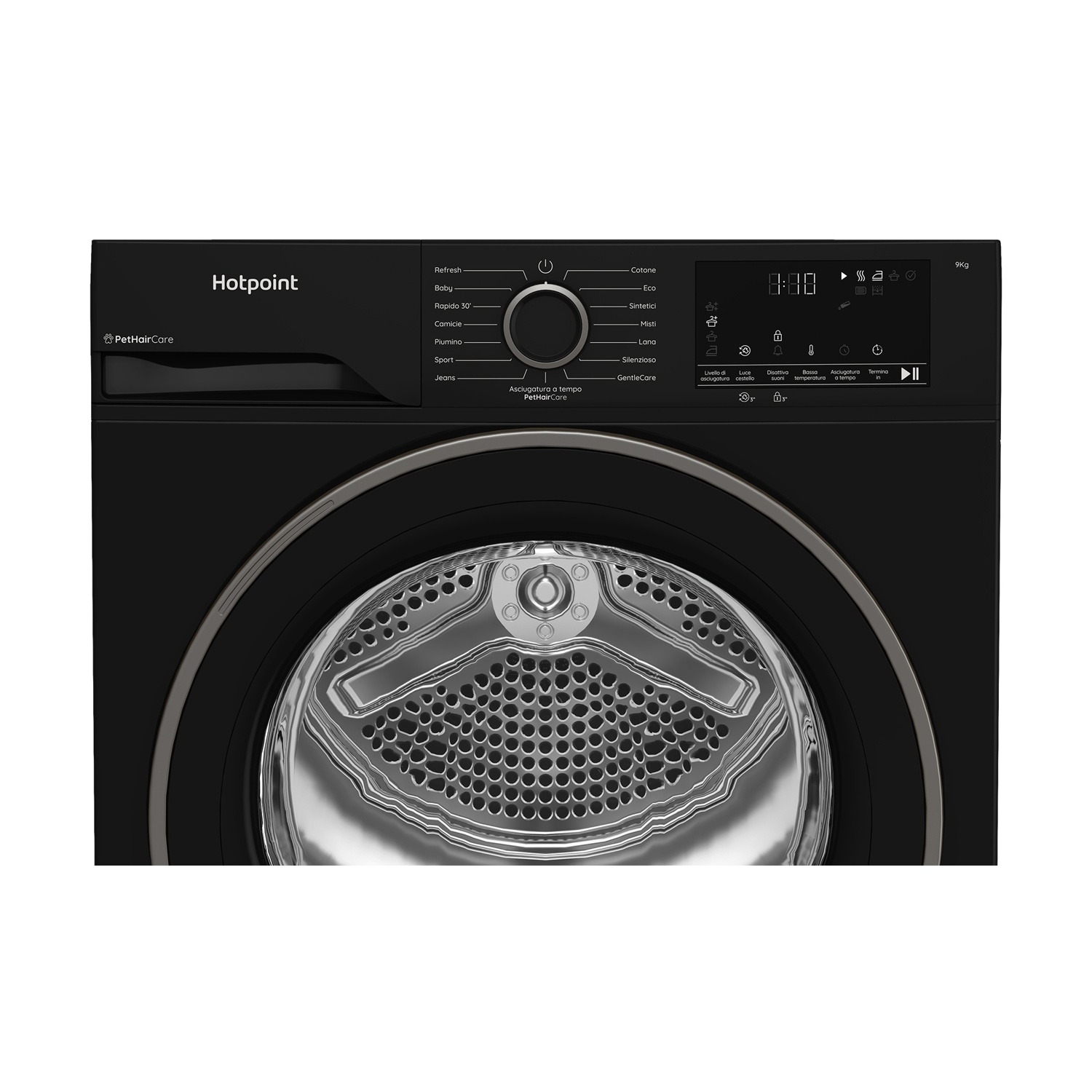 Asciugatrice Hotpoint nera con cestello e pannello comandi argentati.