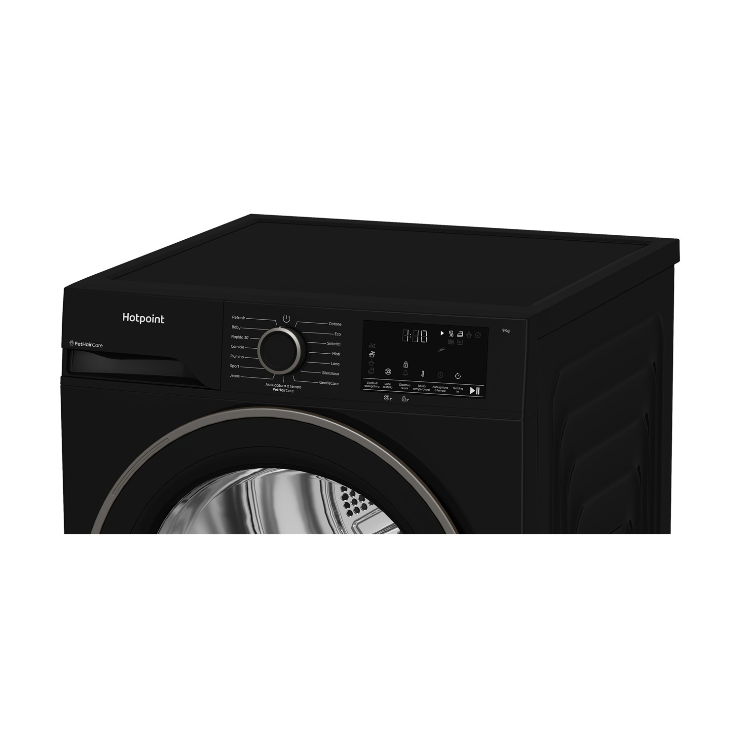 Asciugatrice Hotpoint nera con pannello comandi dettagliato e oblò visibile.