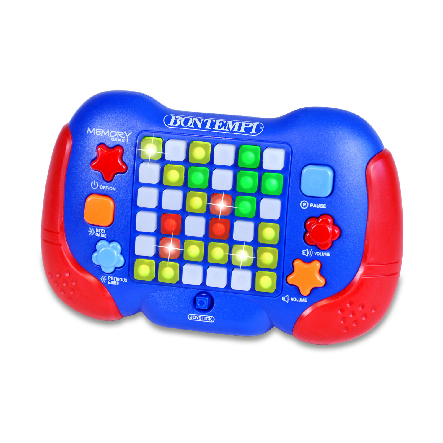 Un gioco di memoria elettronico blu e rosso con luci e pulsanti.