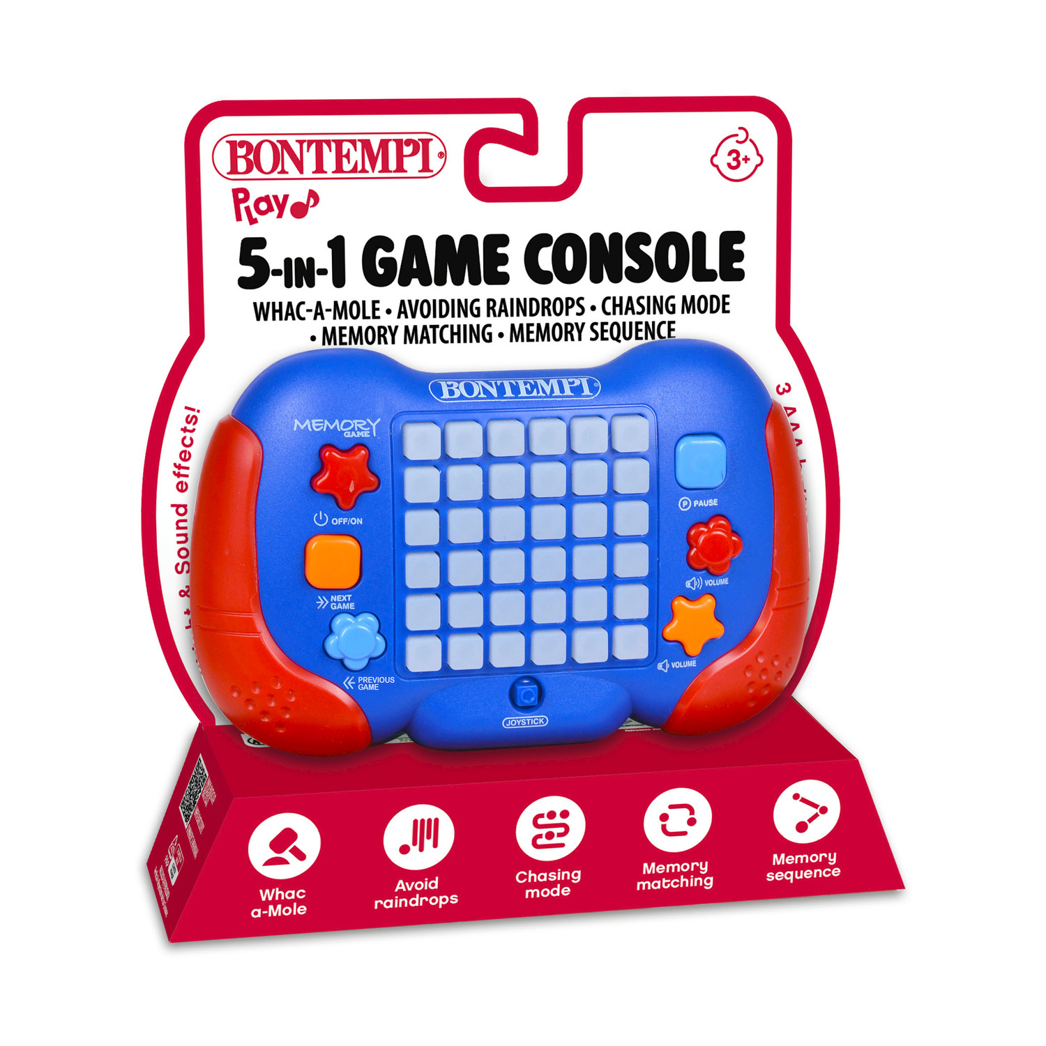 Un giocattolo console per videogiochi 5 in 1 blu e rosso con pulsanti e controlli a stella.