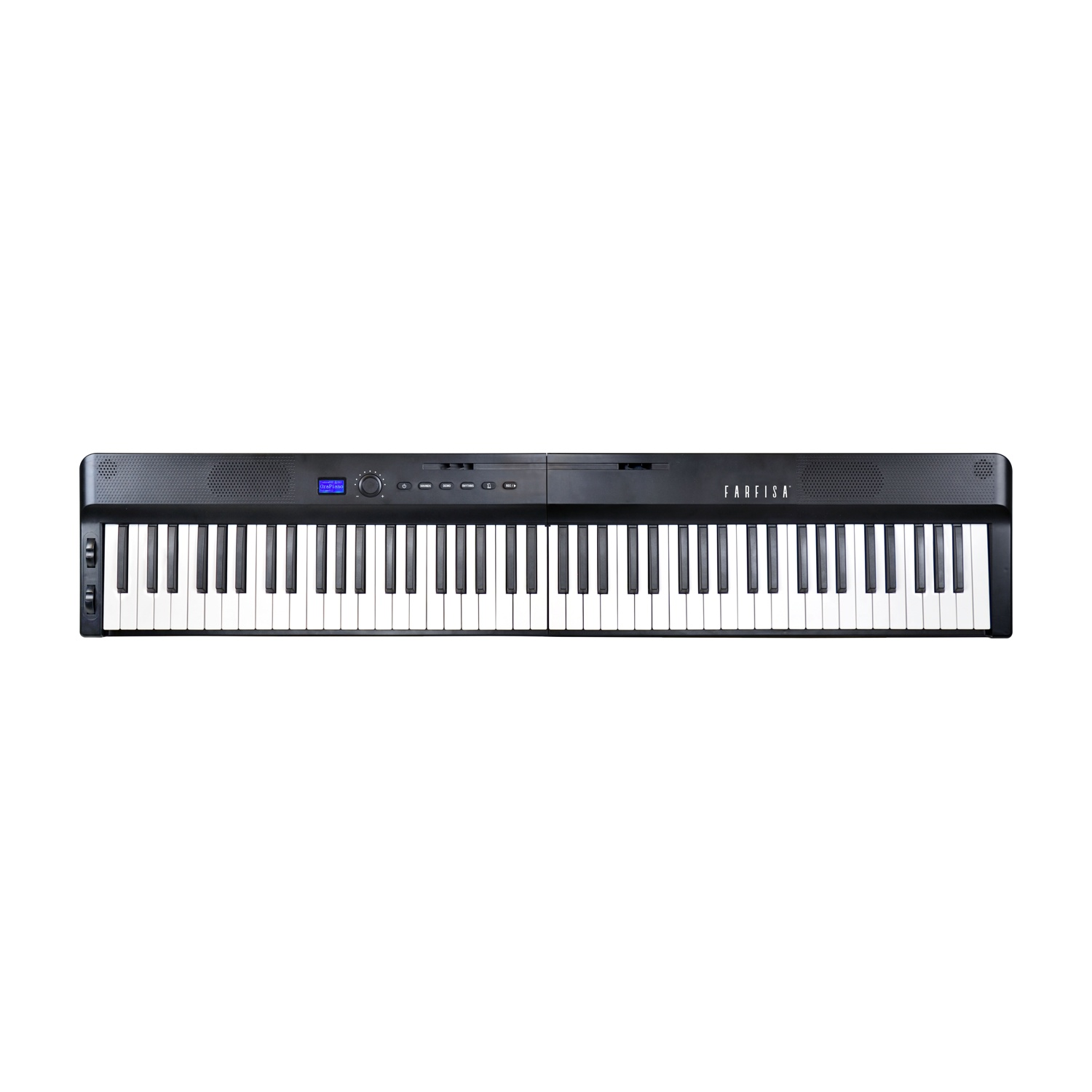 Un pianoforte digitale nero con tasti bianchi e neri e schermo blu.