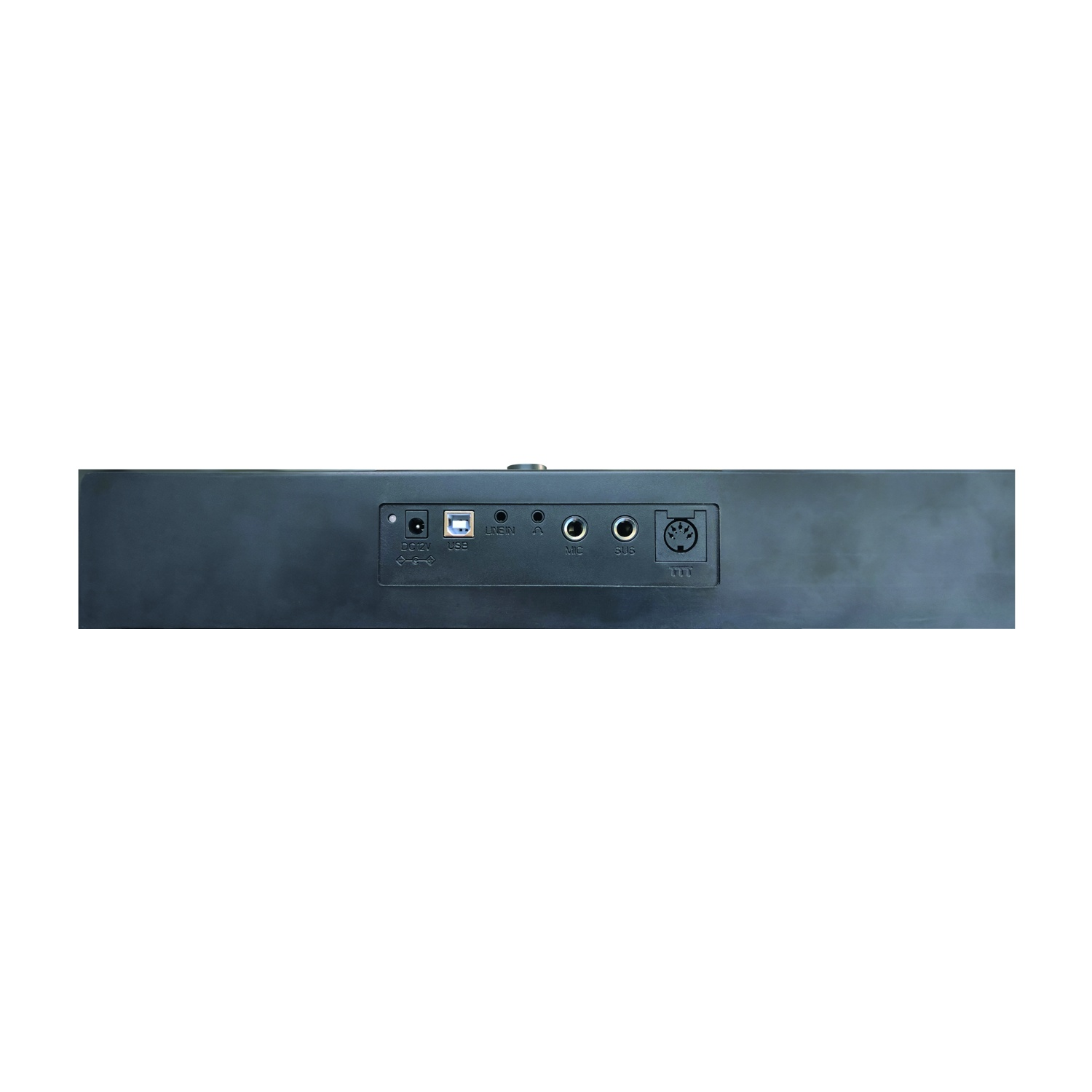 Retro di una tastiera nera con porte: DC IN, USB, Line In, Mic, Sus, MIDI.