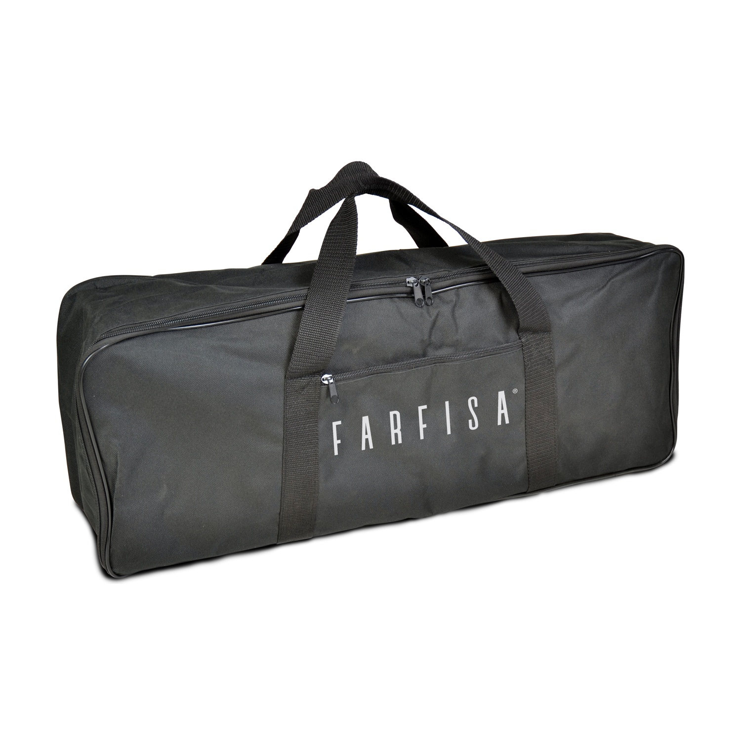 Una borsa da viaggio nera con logo FARFISA e due manici.