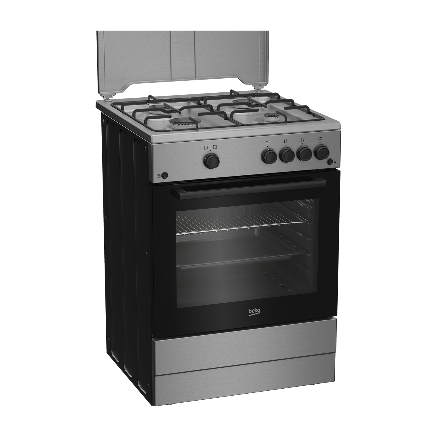 Un fornello a gas autoportante in acciaio inossidabile con quattro fuochi, un forno e un coperchio apribile.
