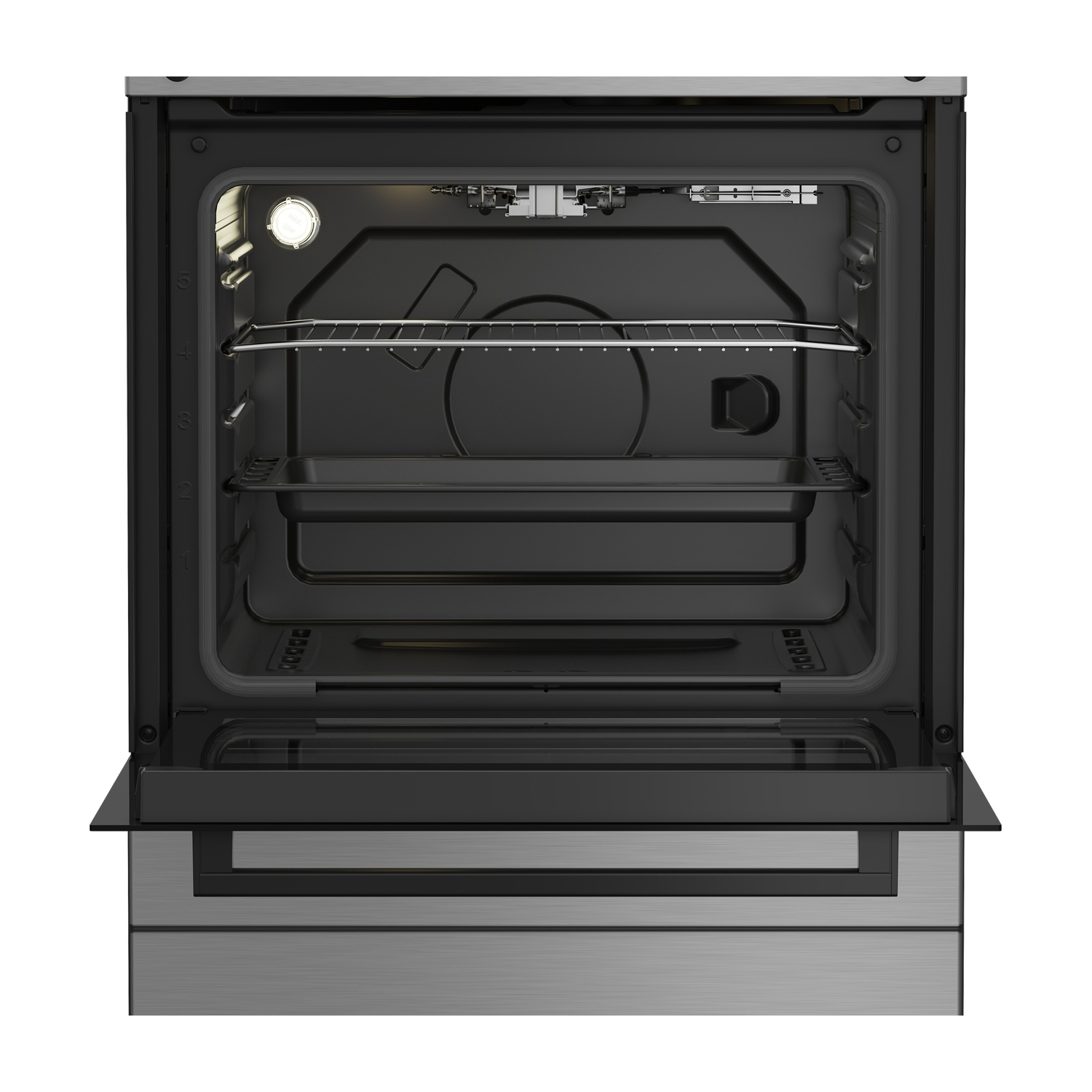 Un forno da incasso aperto con accenti argentati e due griglie interne.