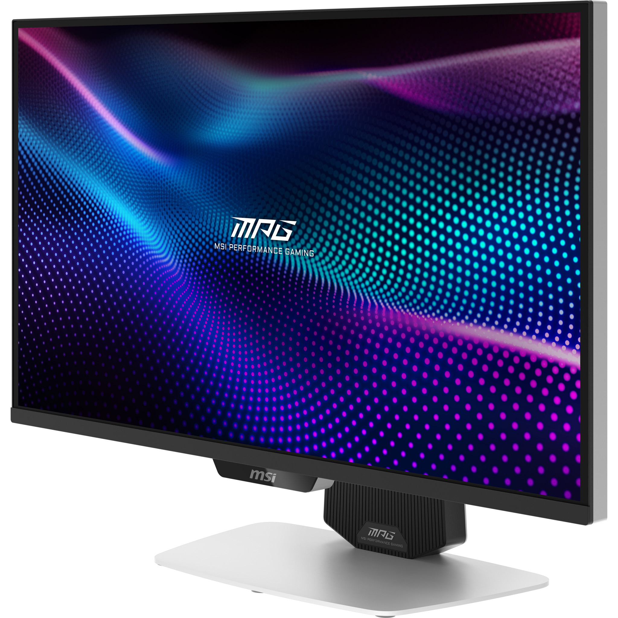 Ein moderner Gaming-Monitor mit blau-lila Wellenmuster und MSI-Logo.