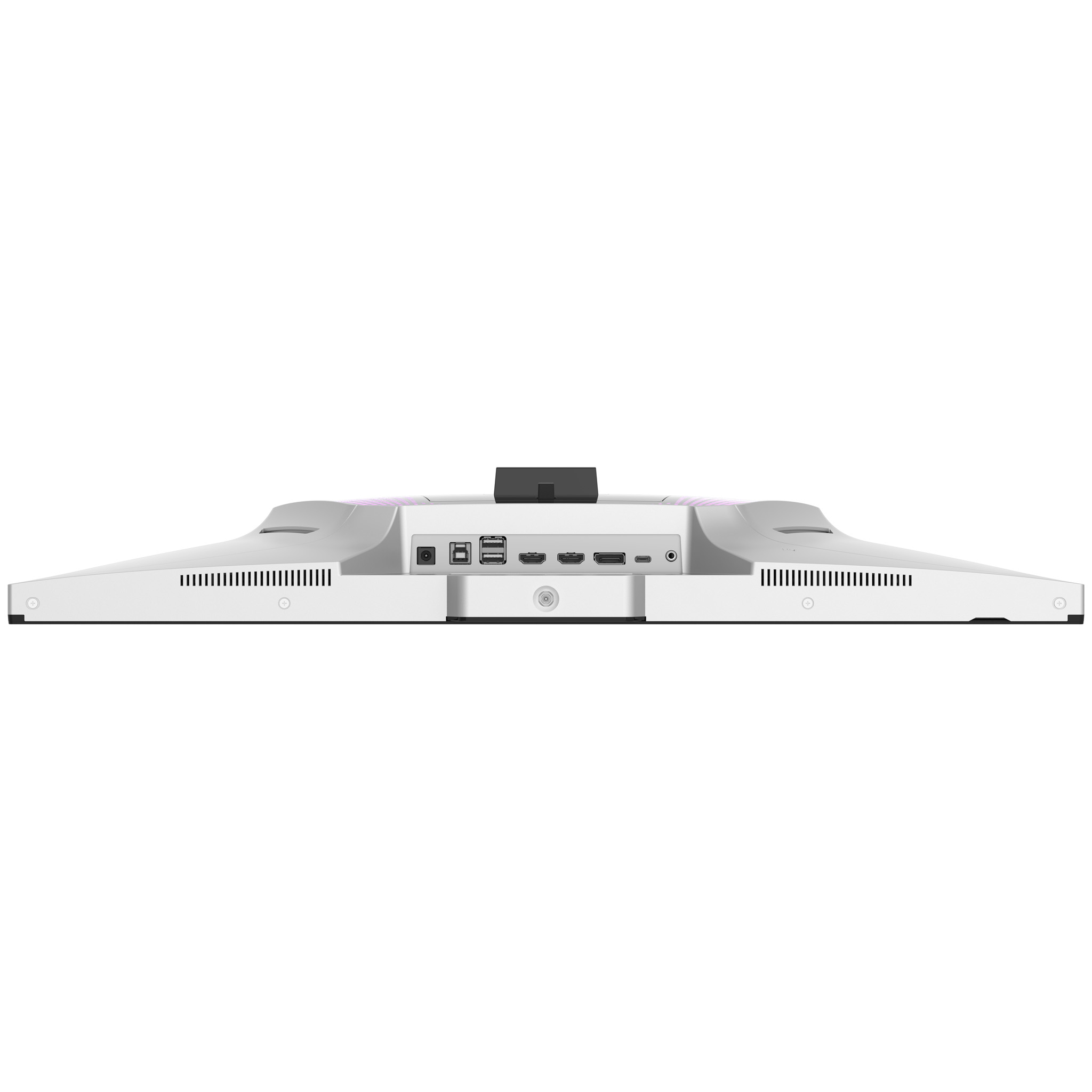 Rückseite eines Monitors mit Anschlüssen: Strom, USB, HDMI, DisplayPort, USB-C.