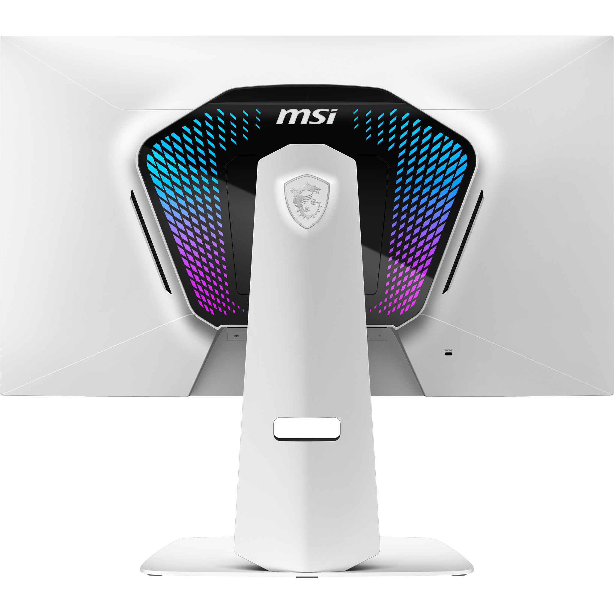 Rückseite eines weißen MSI Monitors mit RGB-Beleuchtung und MSI-Logo.