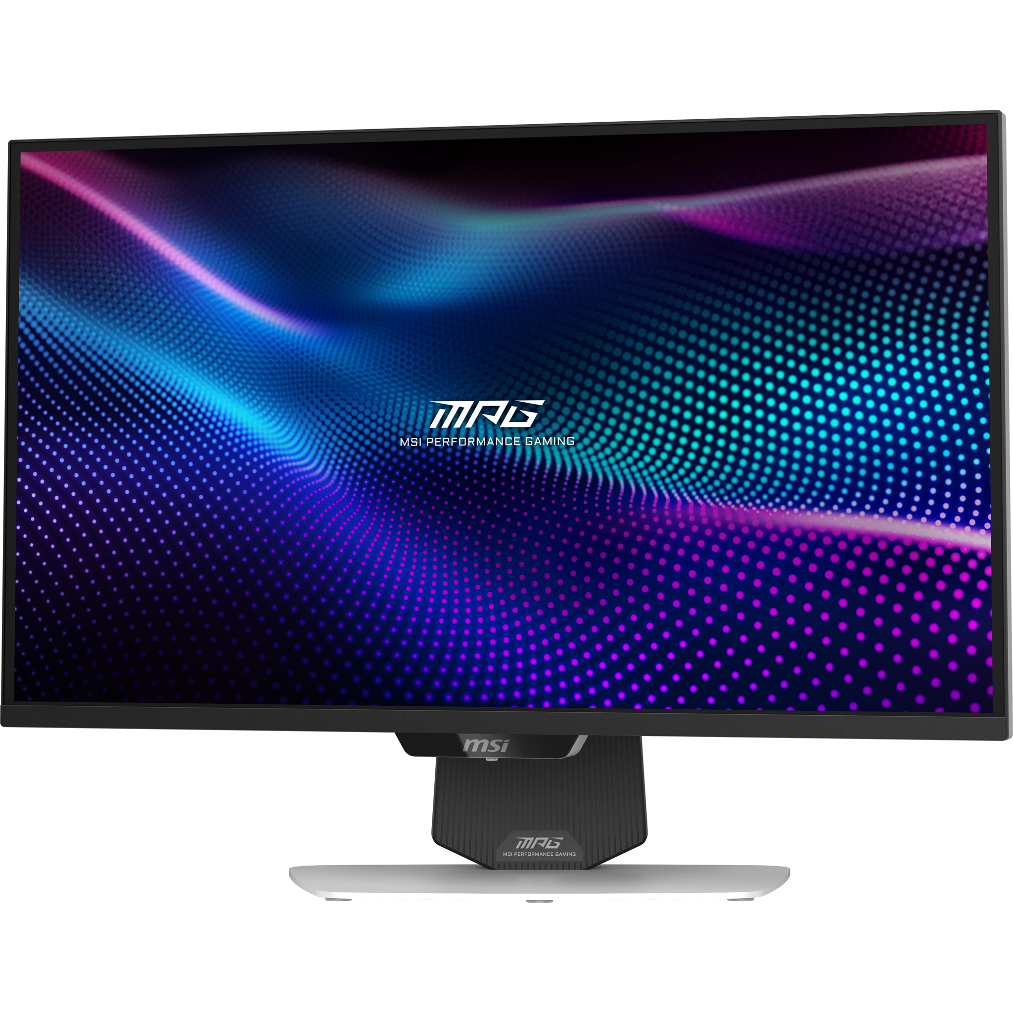 Ein MSI Gaming-Monitor mit einem abstrakten Wellenmuster in Blau und Lila.