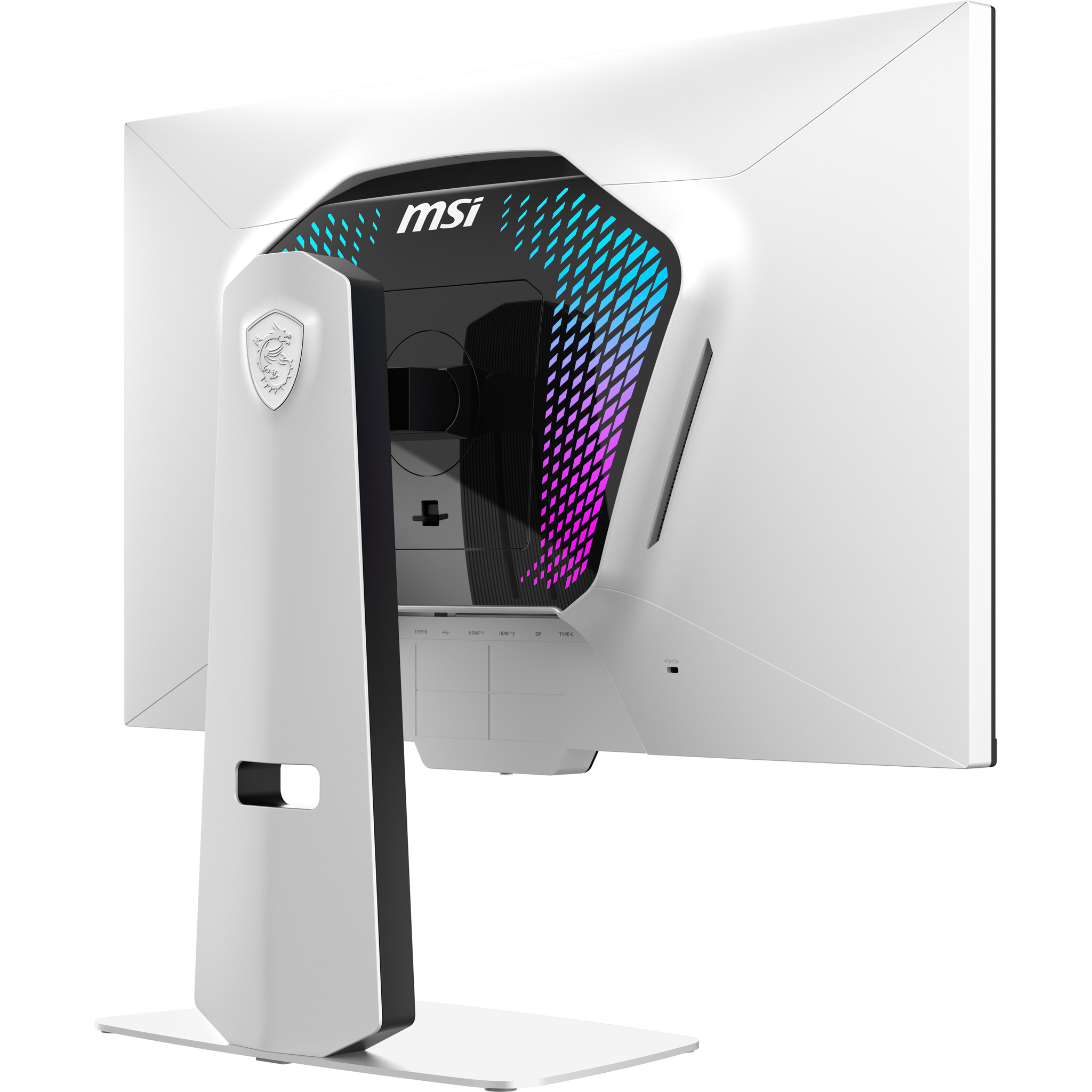 Weiße MSI-Gaming-Monitor-Rückseite mit RGB-Beleuchtung und Anschlüssen.