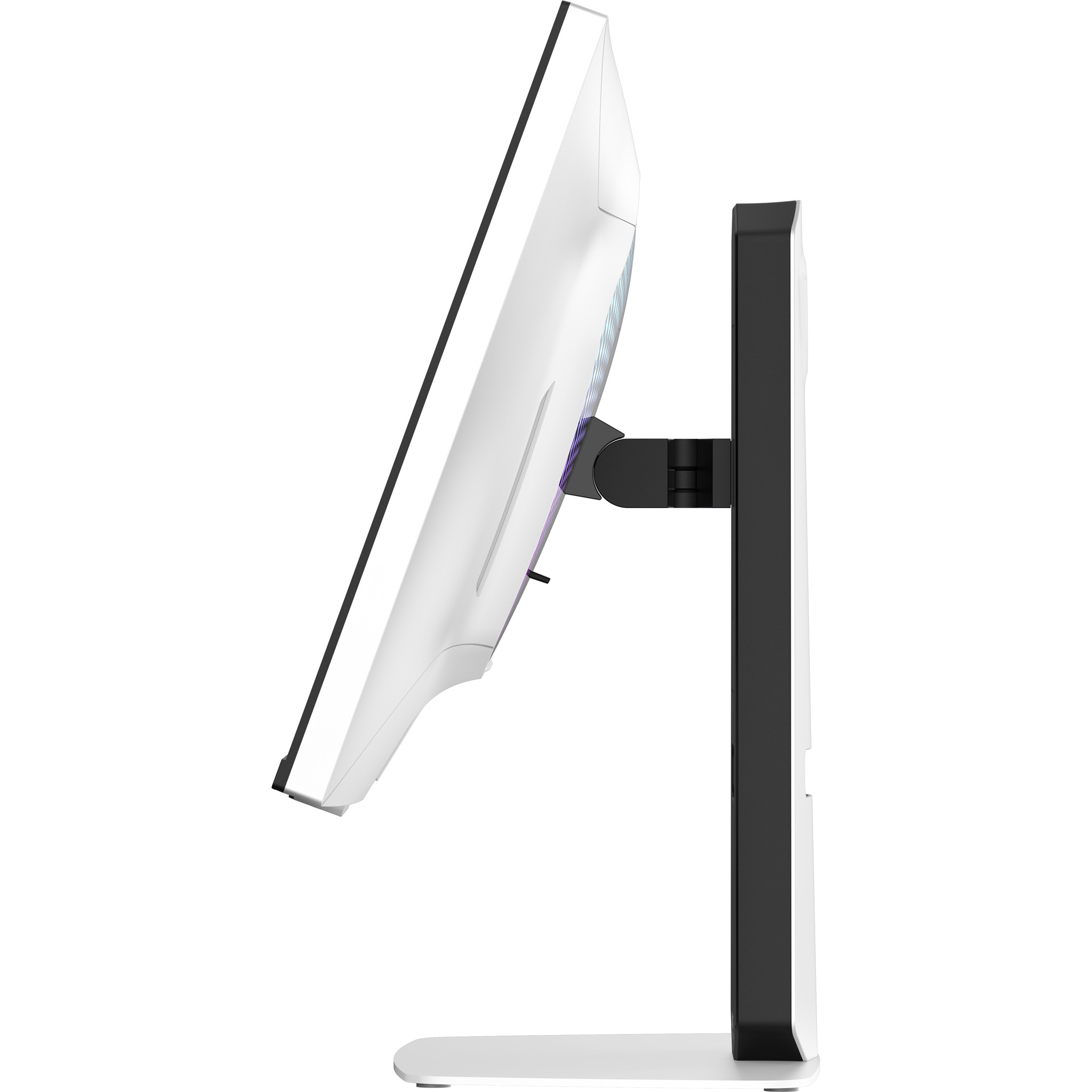 Ein weißer Monitor mit schwarzem Ständer, von der Seite gesehen.
