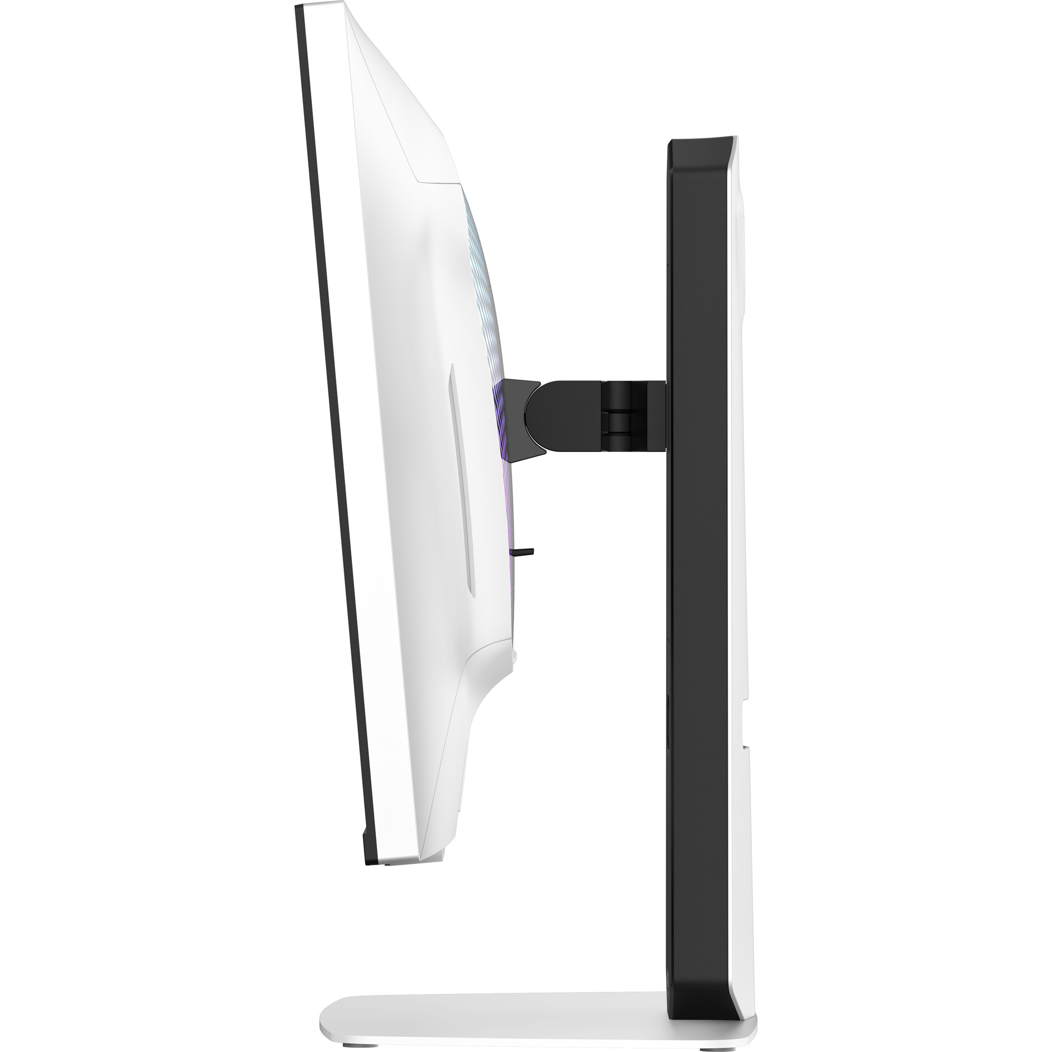 Ein weißer Monitor mit schwarzem Rahmen und Ständer.