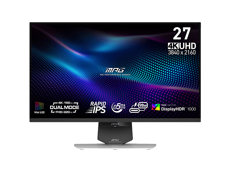 MSI MPG 274URDFWDE E16M 27 Zoll Monitor, UHD 4K, 0,5 ms Reaktionszeit, 400 cd/m², 160 Hz, Schwarz, Weiß