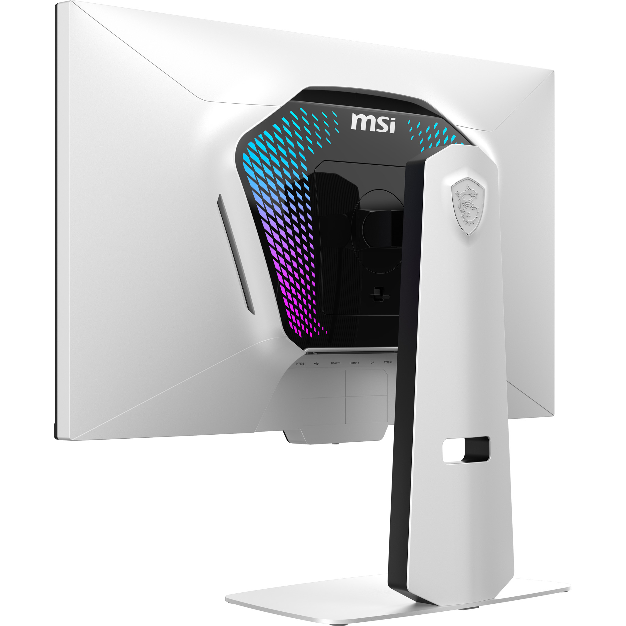 Rückseite eines weißen Monitors mit MSI-Logo und RGB-Beleuchtung.