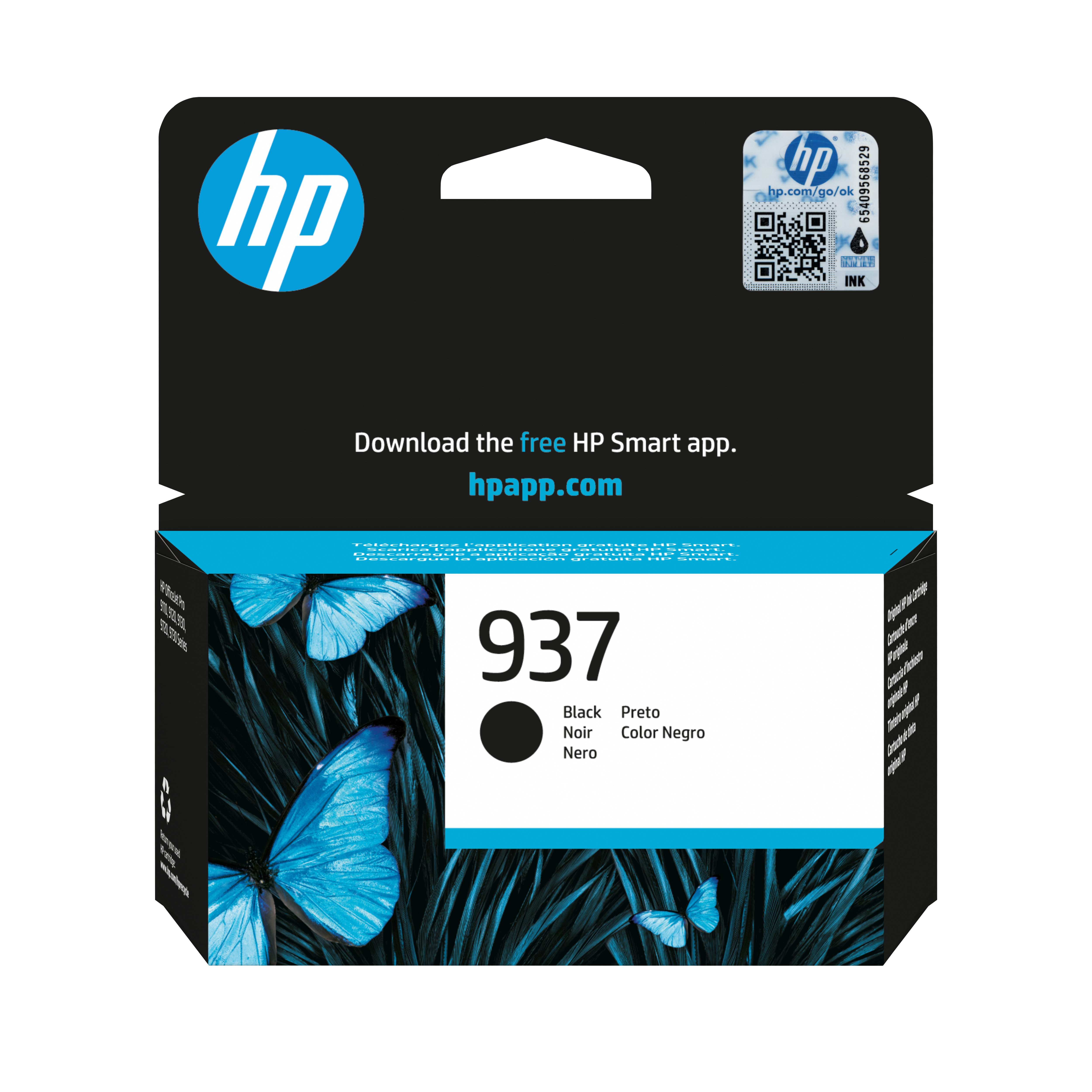 HP 937 Tintenpatrone mit Schmetterlingsdesign. Schwarz.
