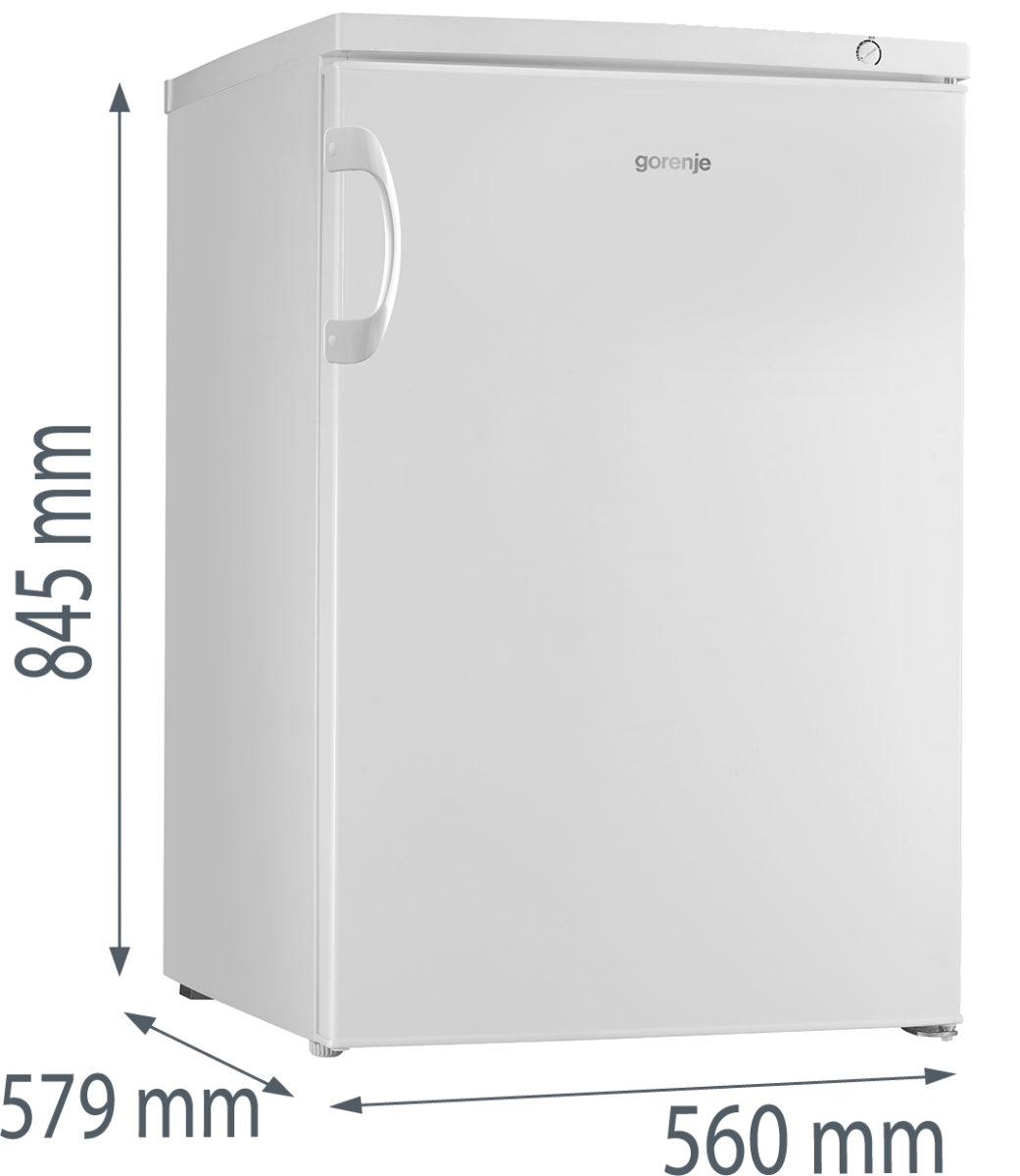 Ein weißer Gorenje Kühlschrank mit silbernem Griff, Maße 84,5 x 57,9 x 56 cm.