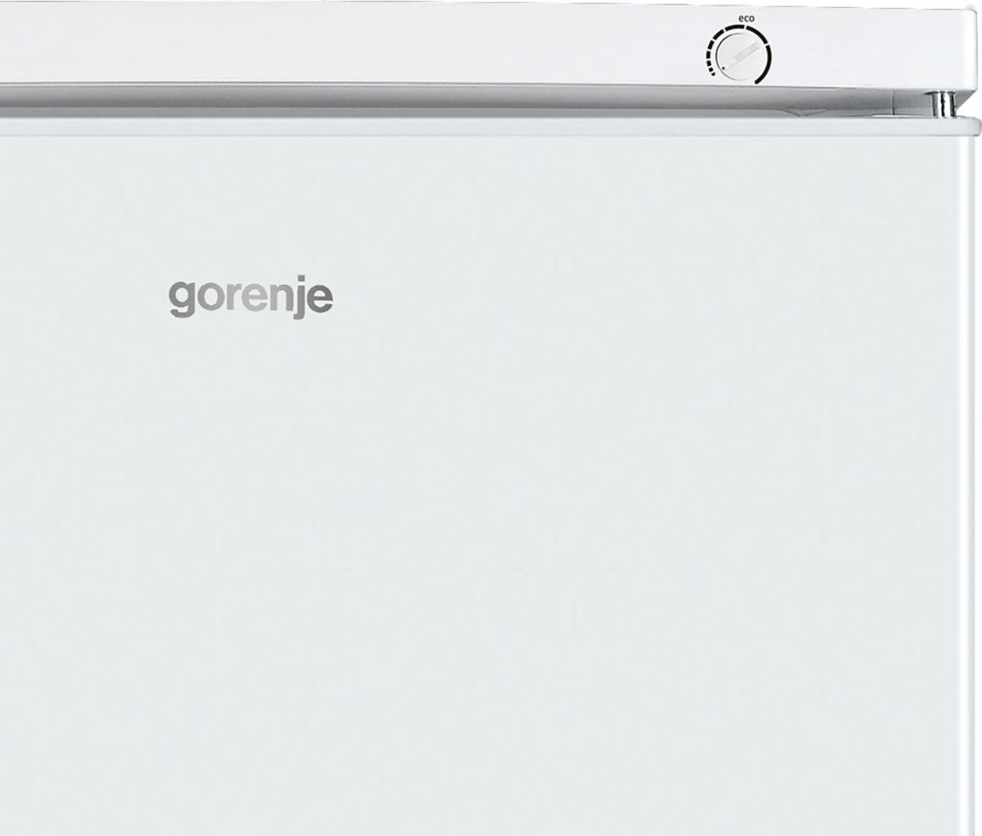 Weiße Gorenje-Gefriertruhe mit Drehregler und ECO-Anzeige oben.
