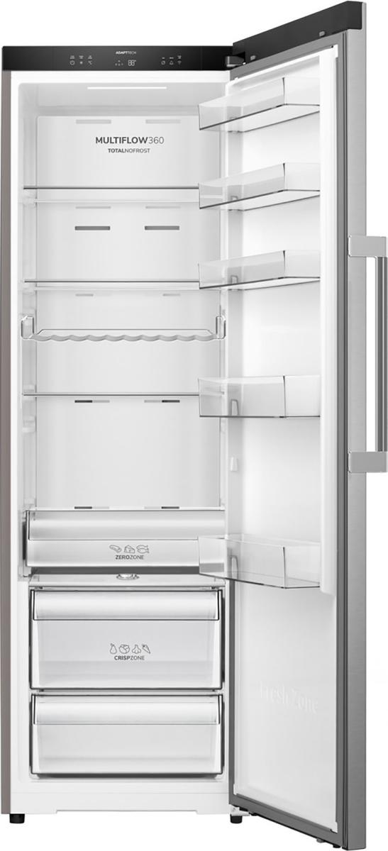 Ein offener, silberner Kühlschrank mit mehreren Fächern und Schubladen.