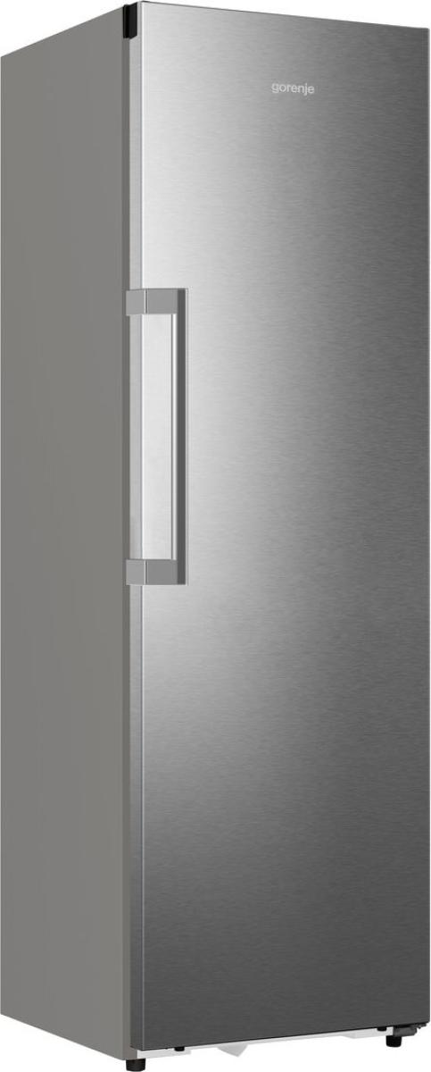 Ein silberner Gorenje-Kühlschrank mit einem vertikalen Griff.