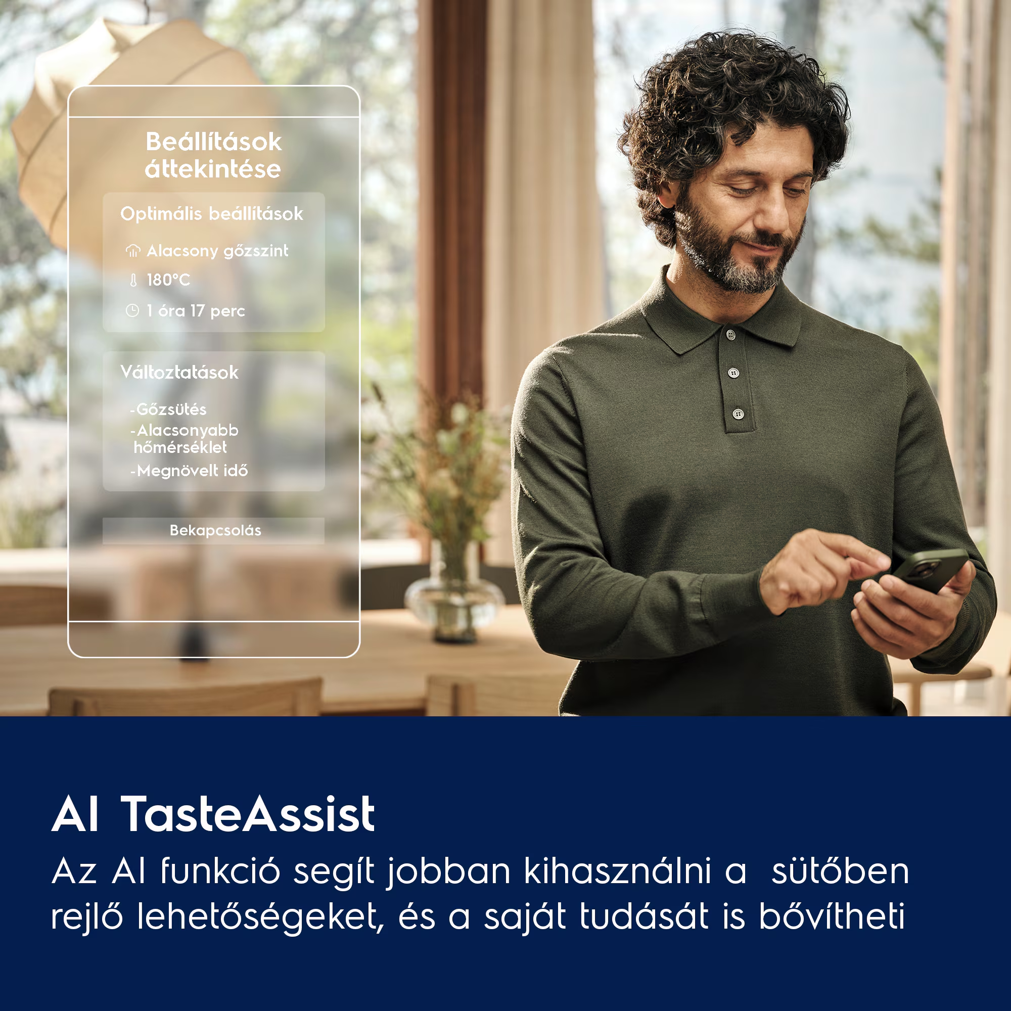 Férfi okostelefont használ ablak előtt, menüvel a képernyőn.