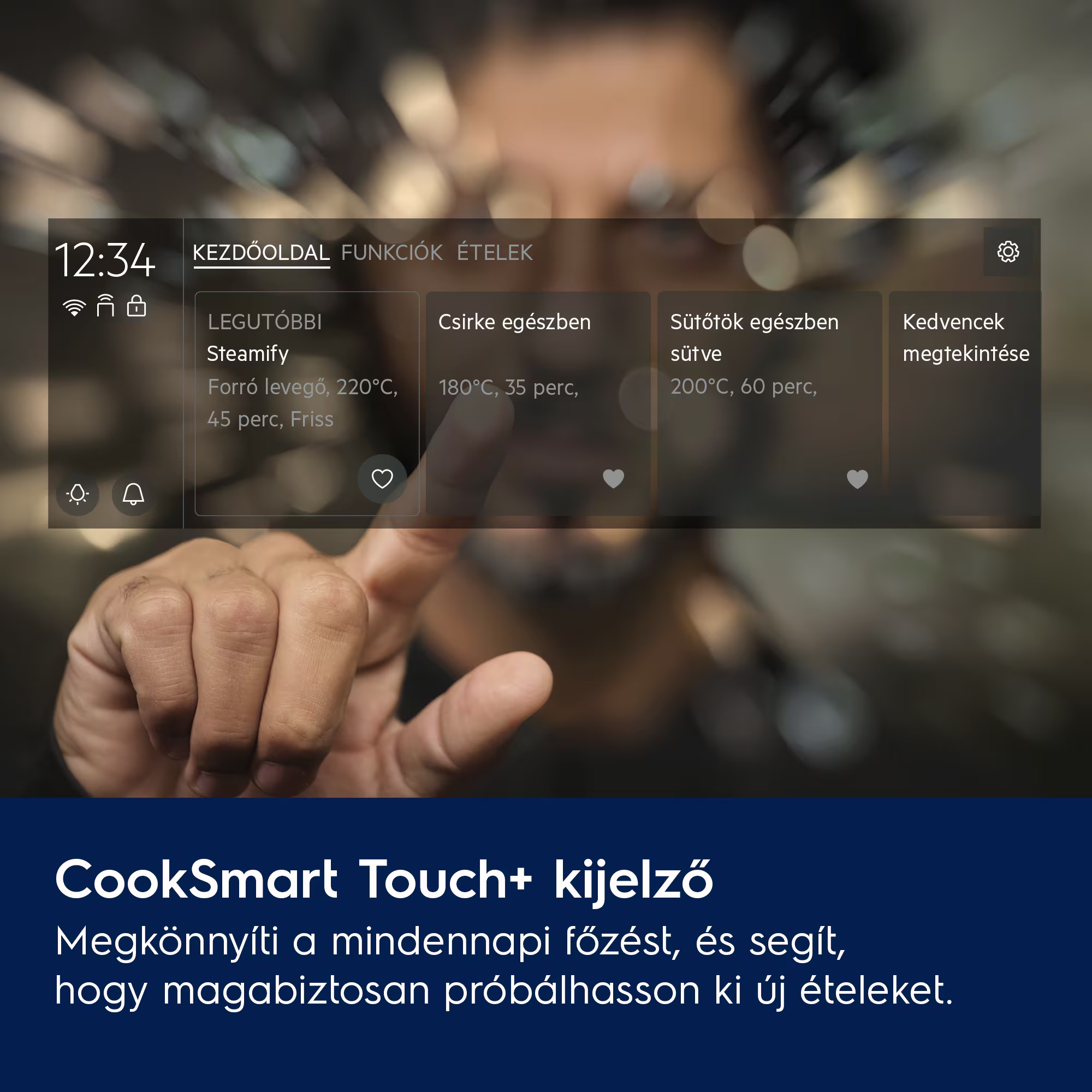 Egy ujj érint egy főzési opciókat és időt mutató képernyőt.
