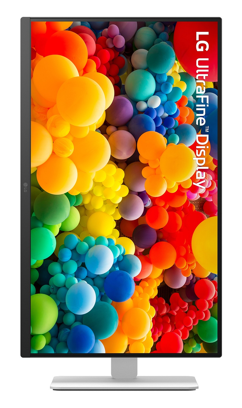 Wyświetlacz LG UltraFine pokazuje kolorowe tło kul w różnych rozmiarach i kolorach.