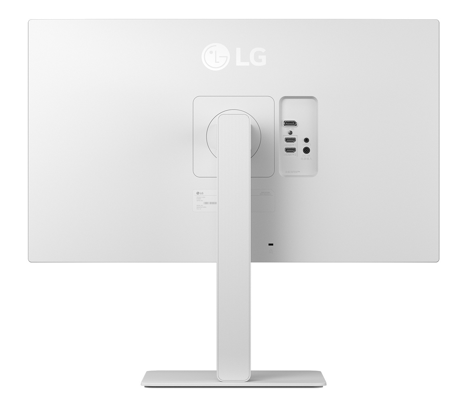 Tył białego monitora LG z portami USB-C, HDMI i wejściem zasilania.