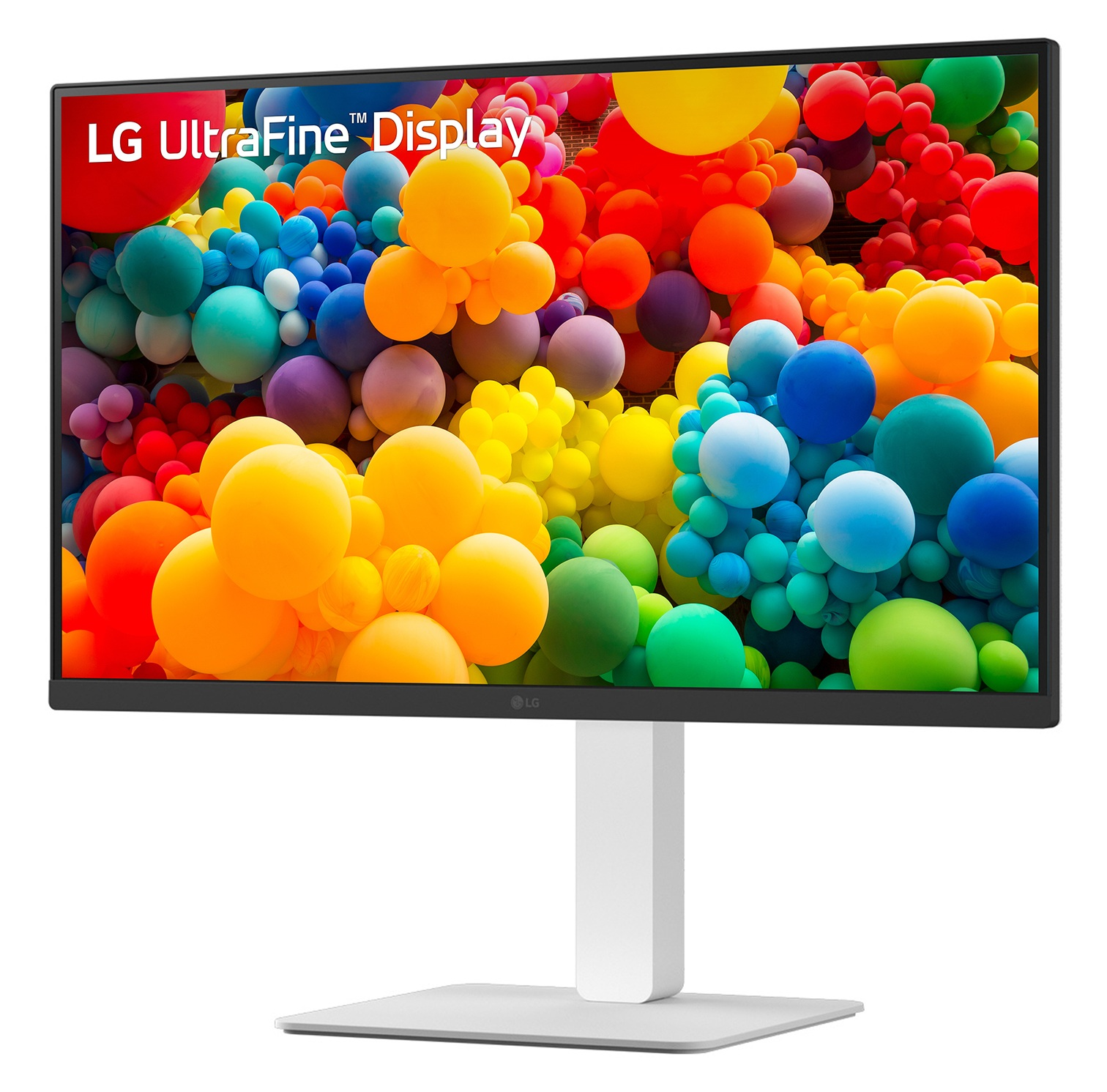 Monitor LG UltraFine wyświetla kolorowe balony w różnych barwach.