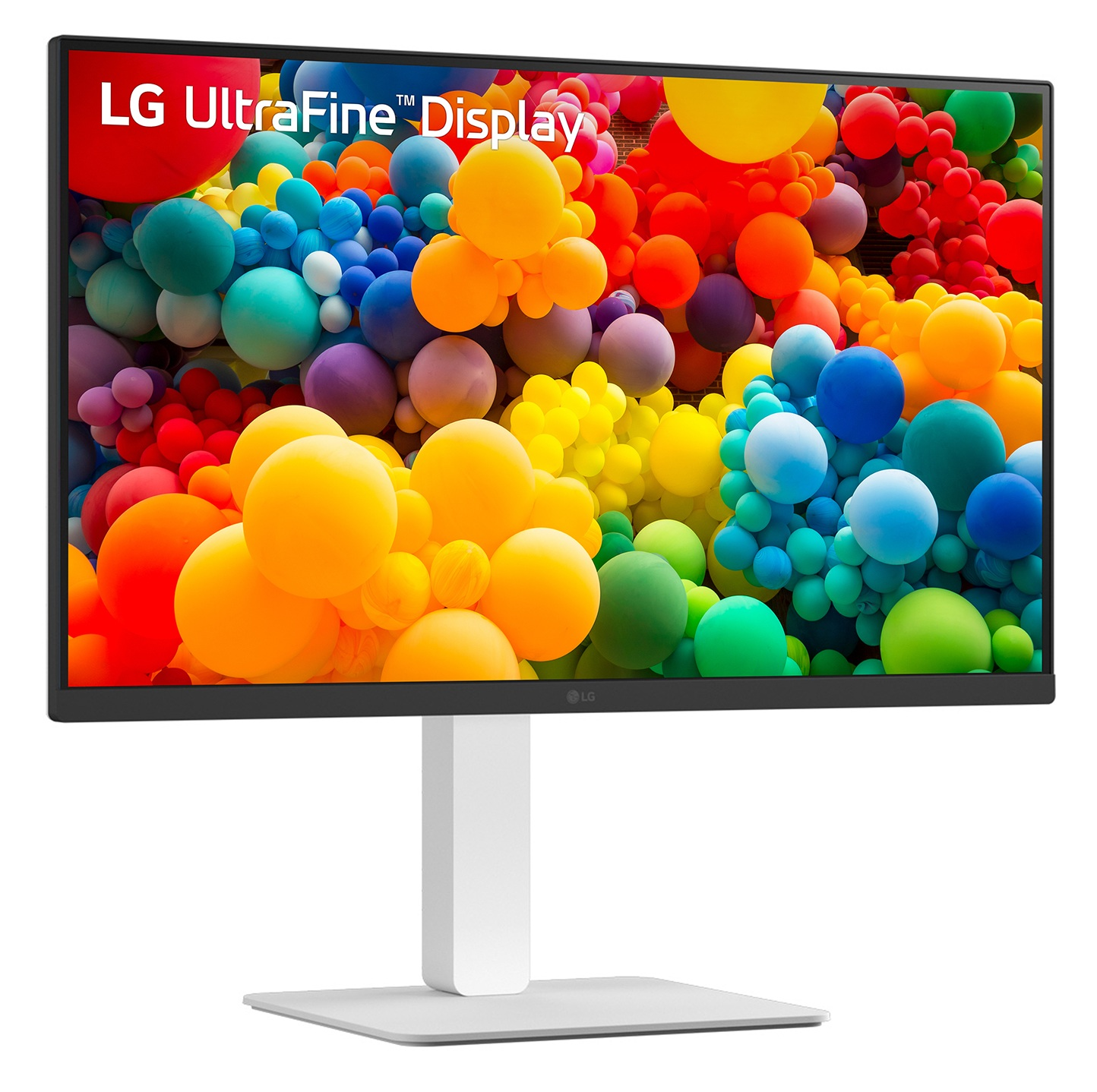 LG UltraFine Display pokazuje kolorowe balony na ekranie z białym stojakiem.