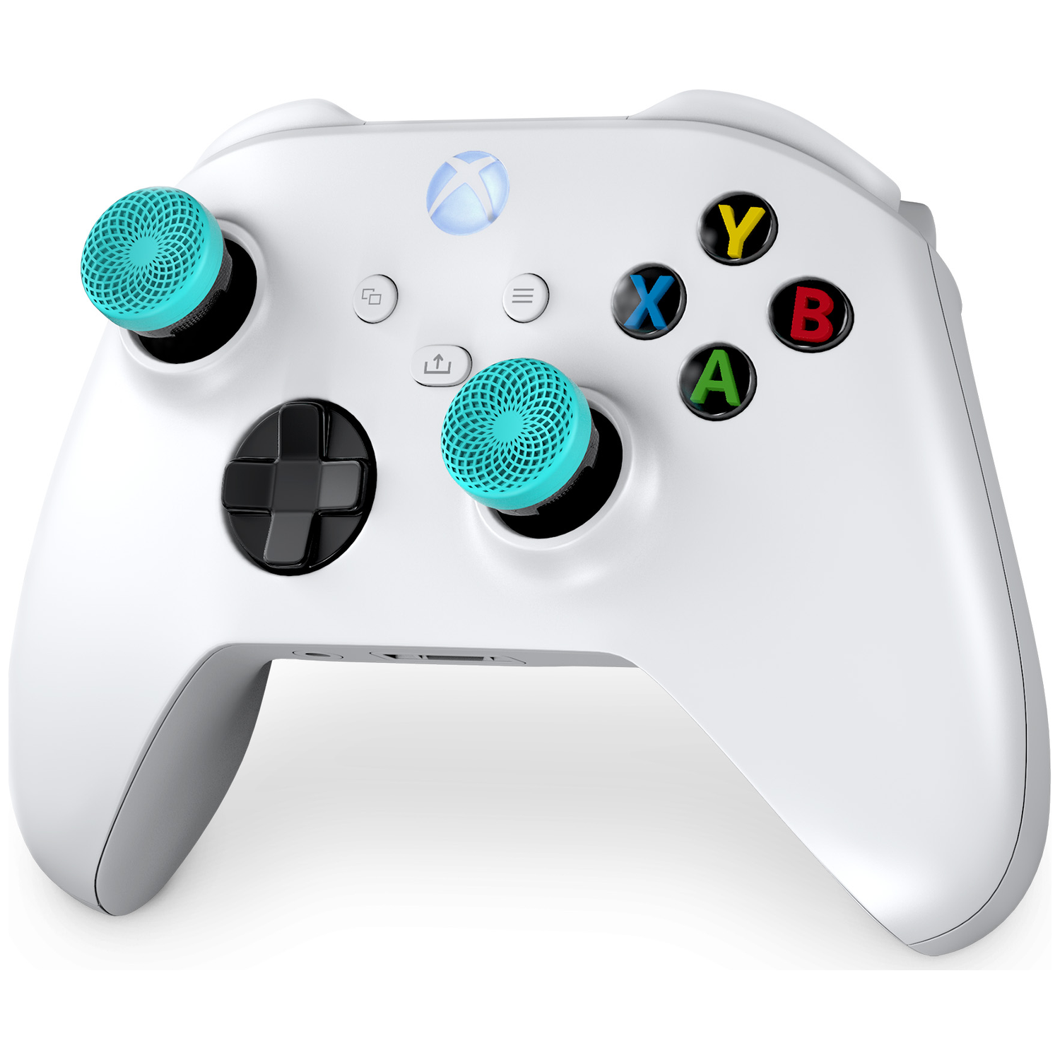 Een witte Xbox controller met turquoise thumbstick grips.