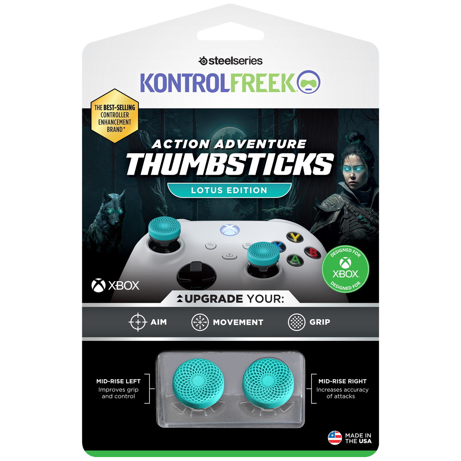 Xbox controller met blauwe thumbsticks, wolf en krijger op achtergrond.