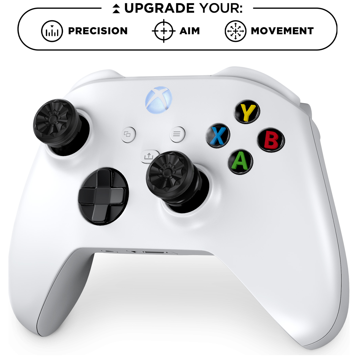 Een witte Xbox controller met zwarte sticks en gekleurde knoppen.