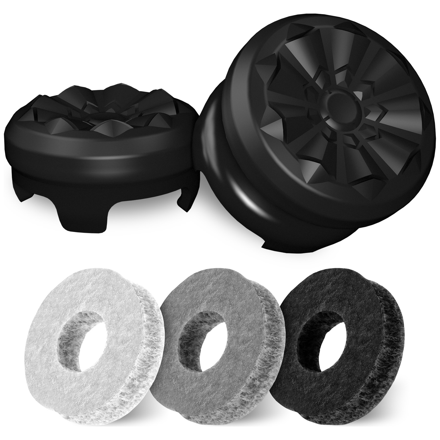 Twee zwarte joystickdoppen en drie ringen in grijs, lichtgrijs en zwart.