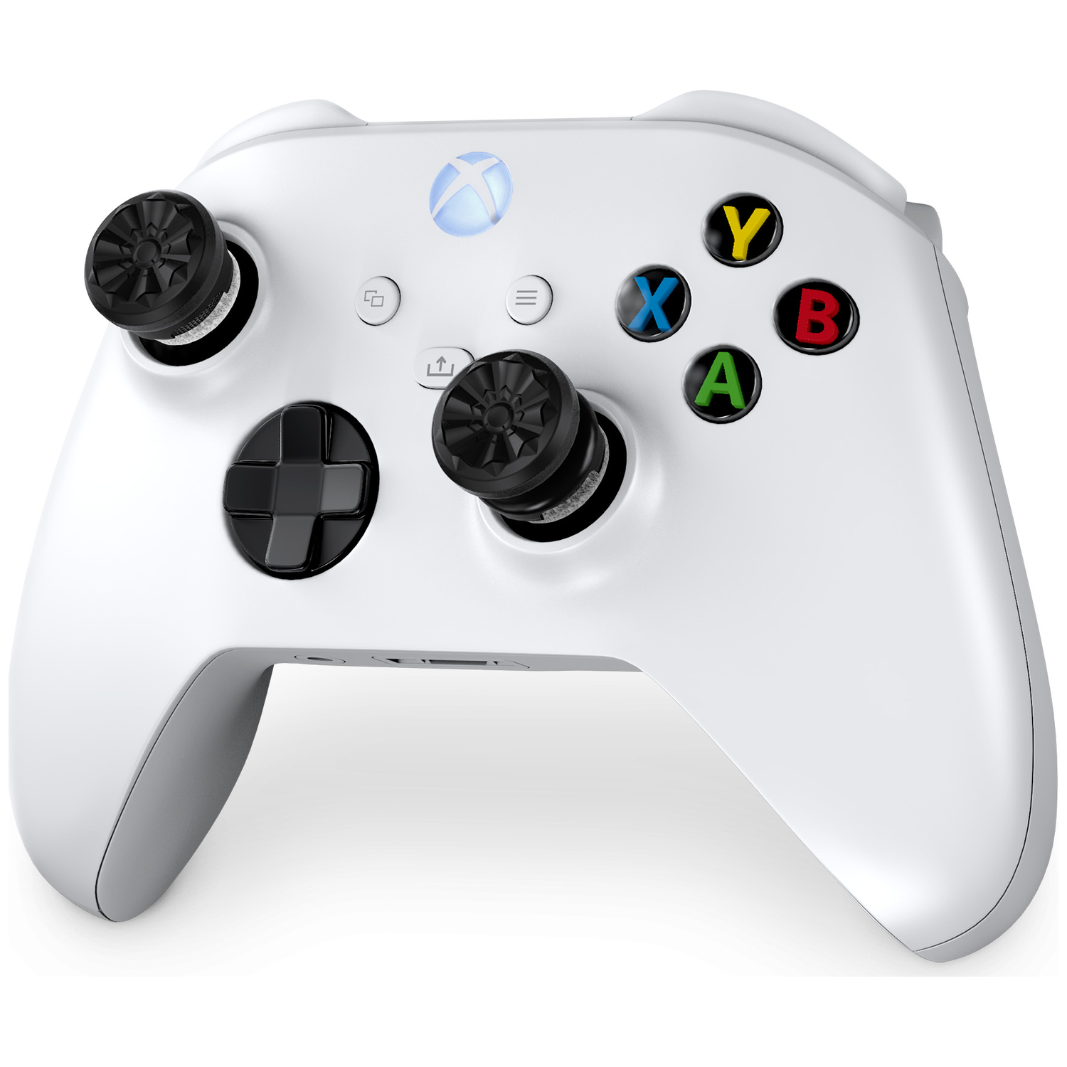 Een witte Xbox controller met zwarte joysticks en gekleurde knoppen.