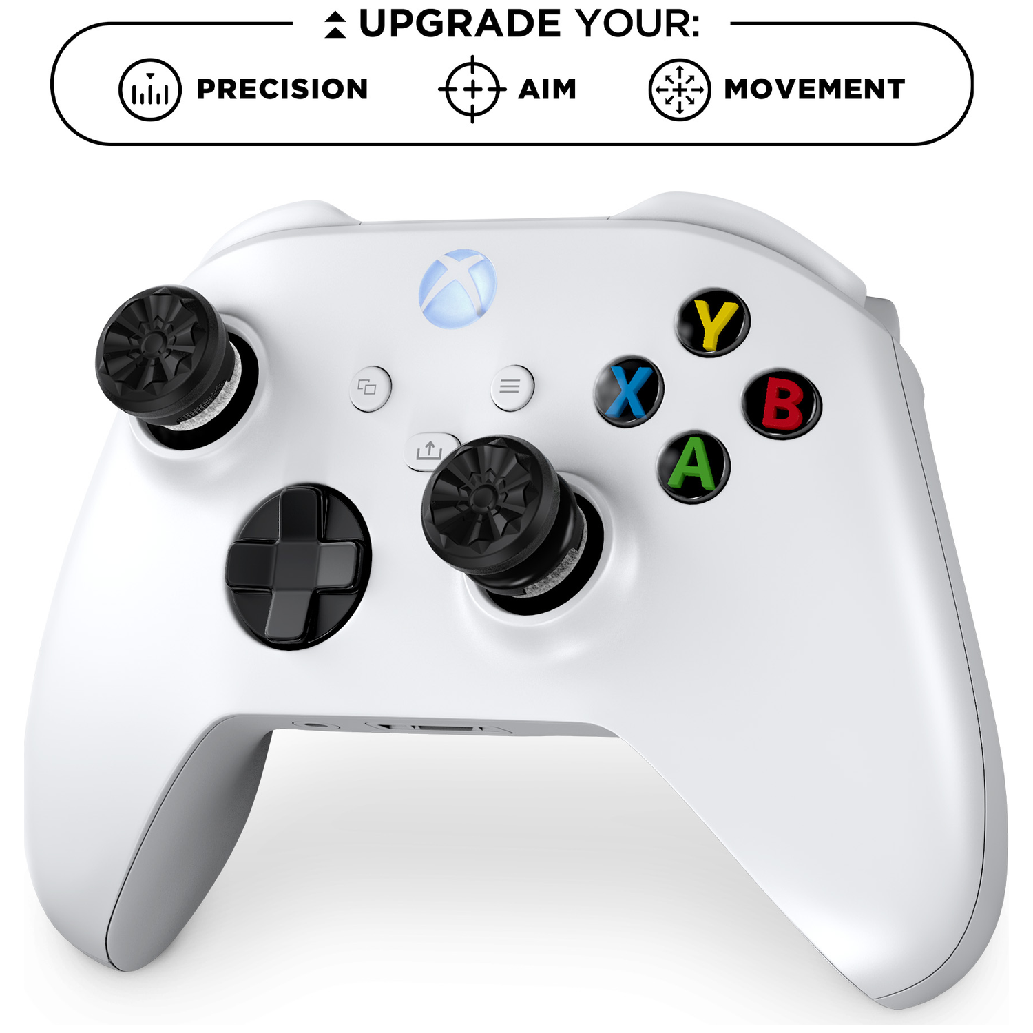 Een witte Xbox controller met zwarte duimgripjes en iconen voor precisie, mikken en beweging.