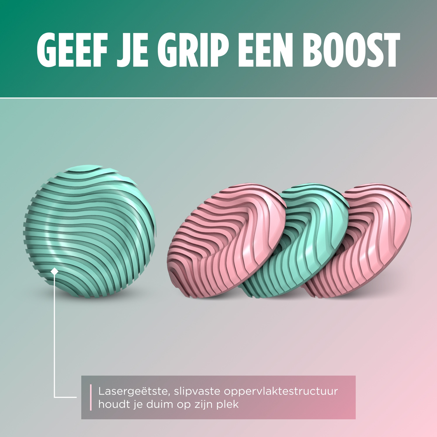 Three round objects with grooves in pink and teal. Text at top.