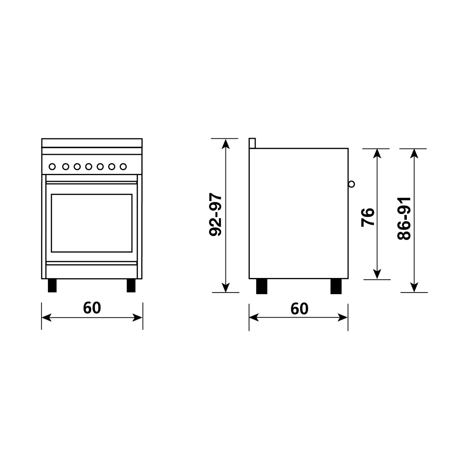 Disegno tecnico di una stufa con dimensioni. Larghezza 60cm, altezza 92-97cm.