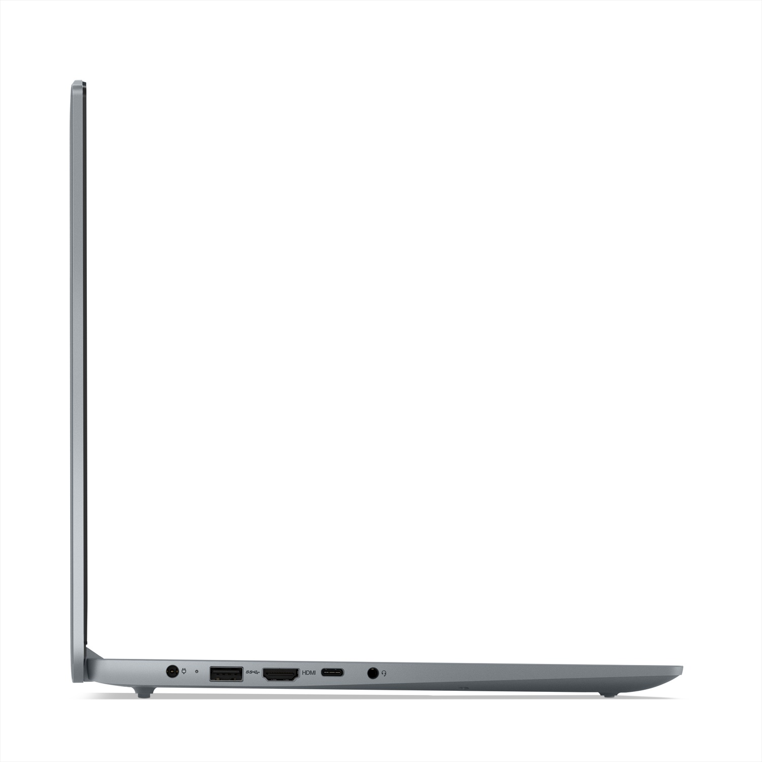 Lato del laptop grigio con porte: USB-A, HDMI, USB-C, jack cuffie.