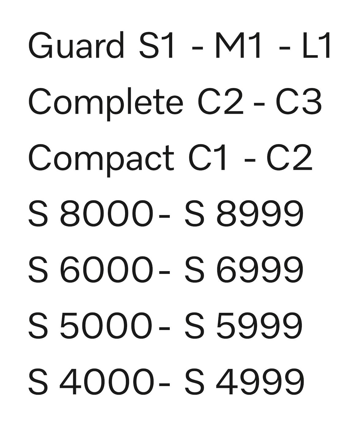 Text mit Guard S1-M1-L1, Complete C2-C3, Compact C1-C2, S 8000-8999, S 6000-6999, S 5000-5999, S 4000-4999.