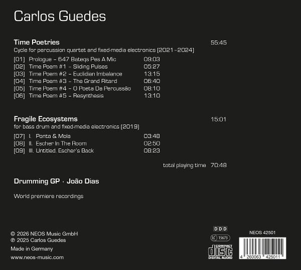 Album-Cover mit Titelliste: Carlos Guedes, Time Poetries, Fragile Ecosystems, Drumming GP. João Dias.