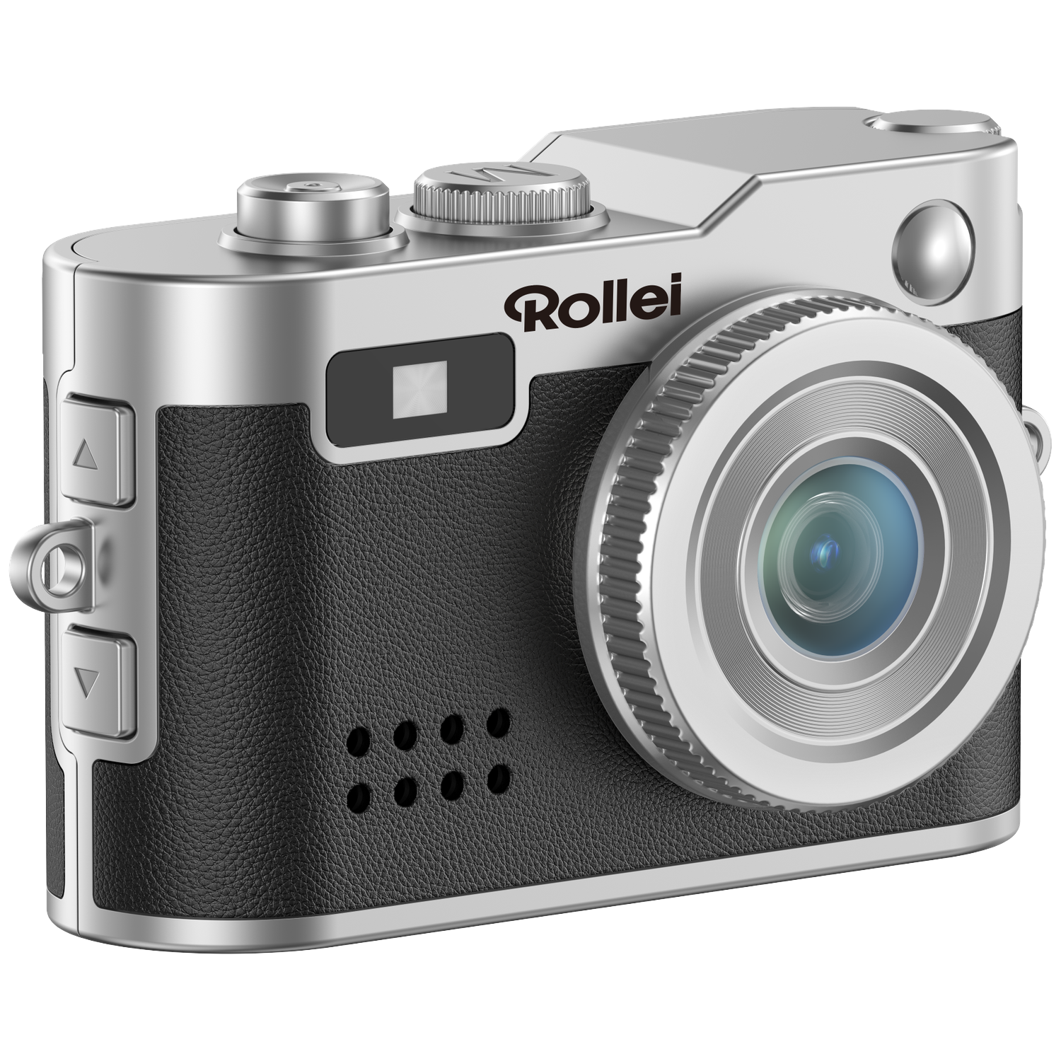 Zilveren en zwarte Rollei camera met lens en knoppen.