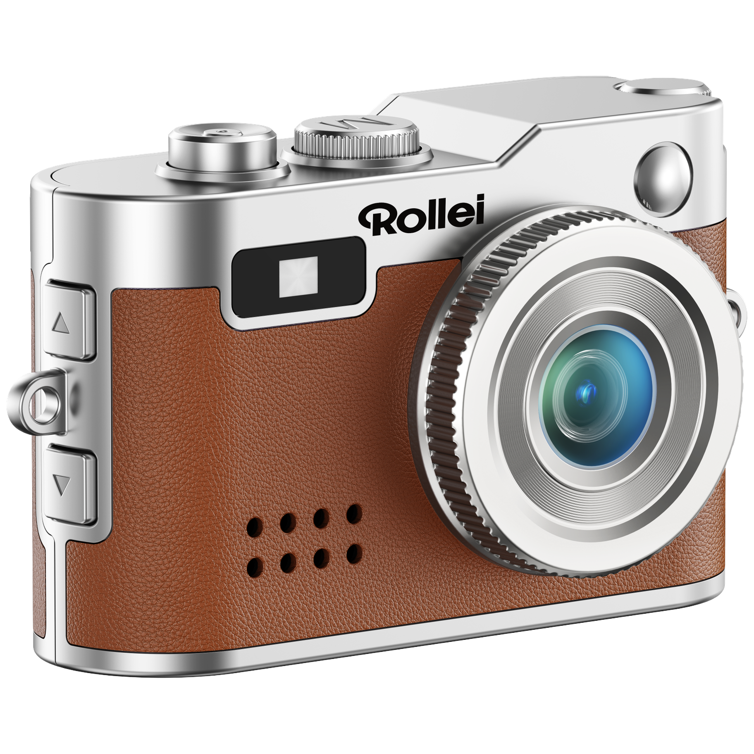 A silver camera with brown leather trim and a lens.