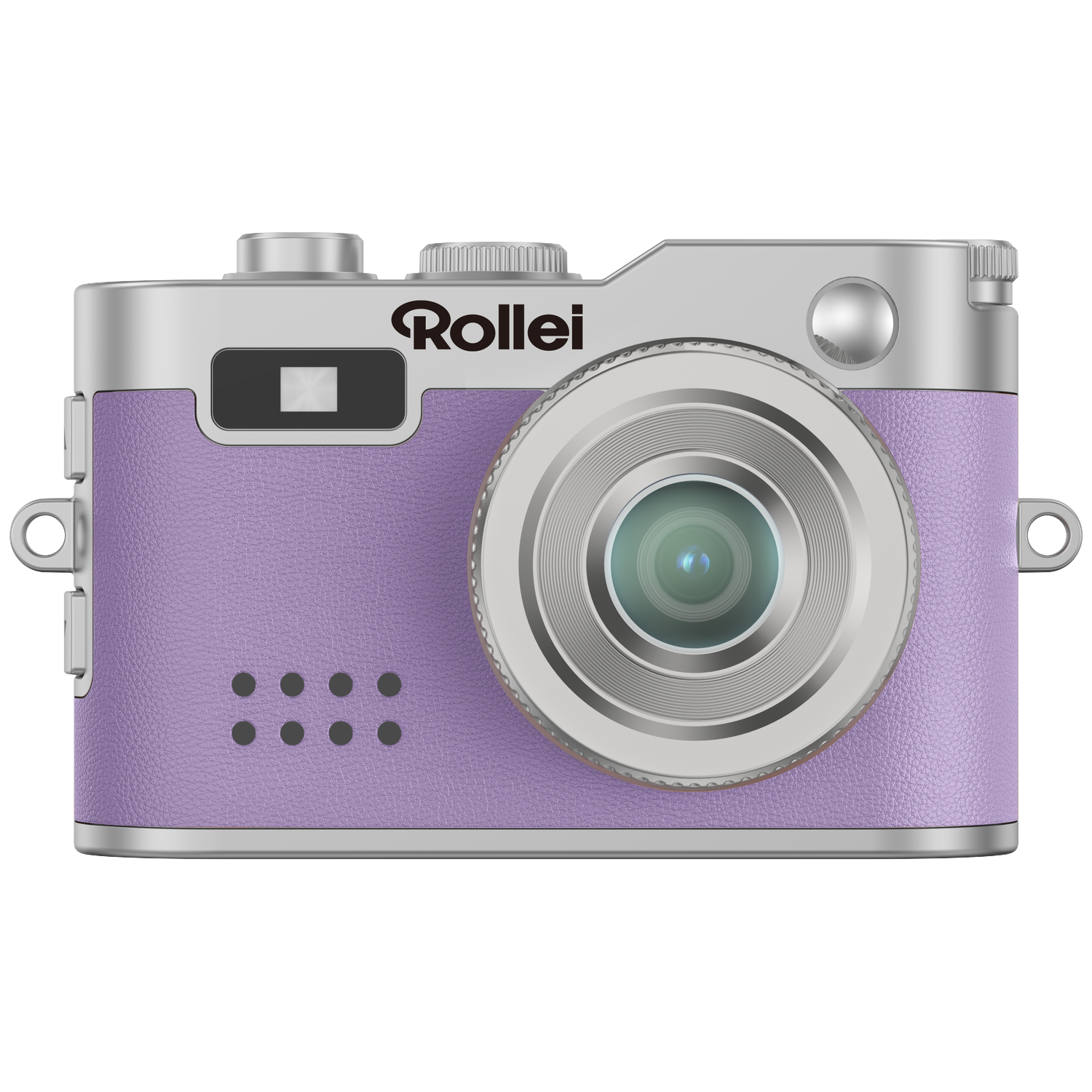 Een paarse en zilveren Rollei camera met lens en flitser.