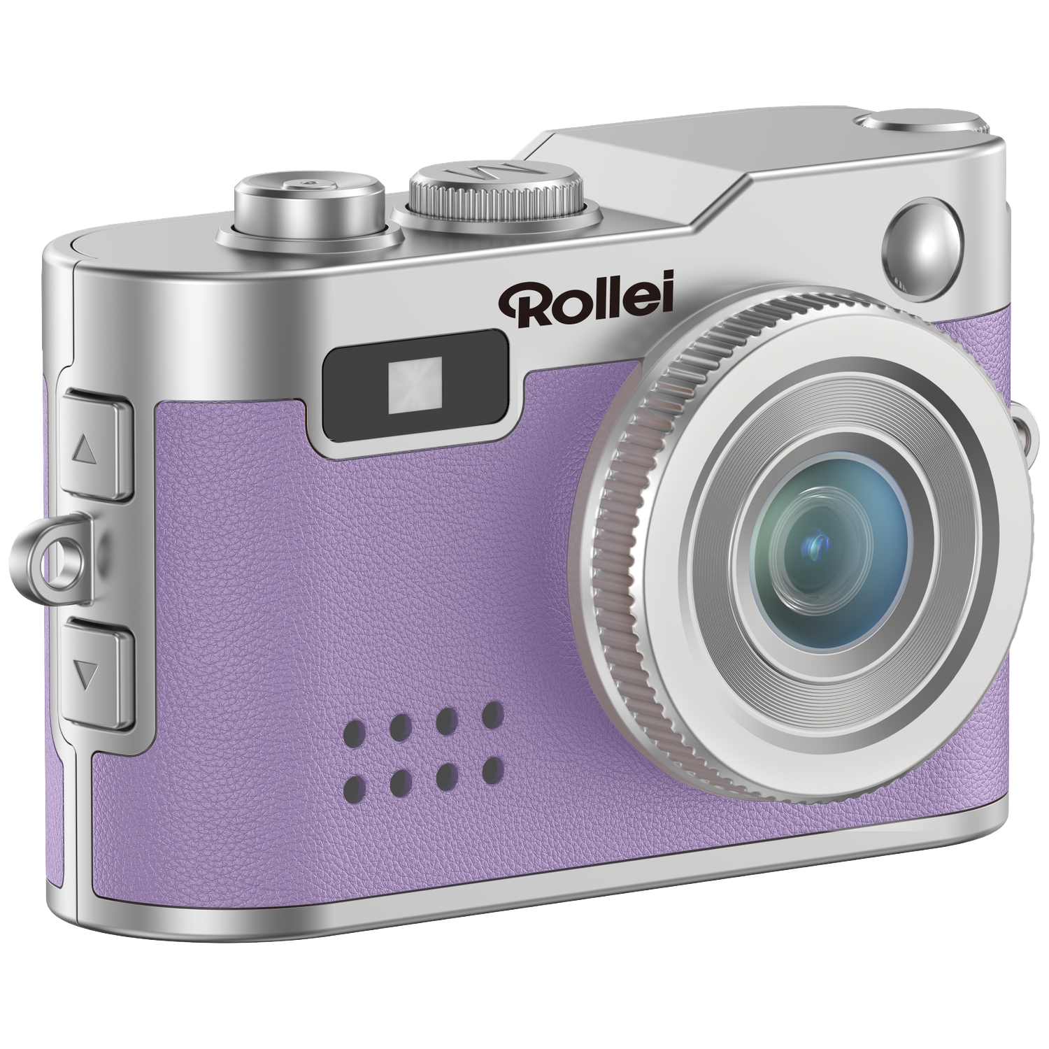 Een zilveren en lavendelkleurige Rollei camera met lens en knoppen.