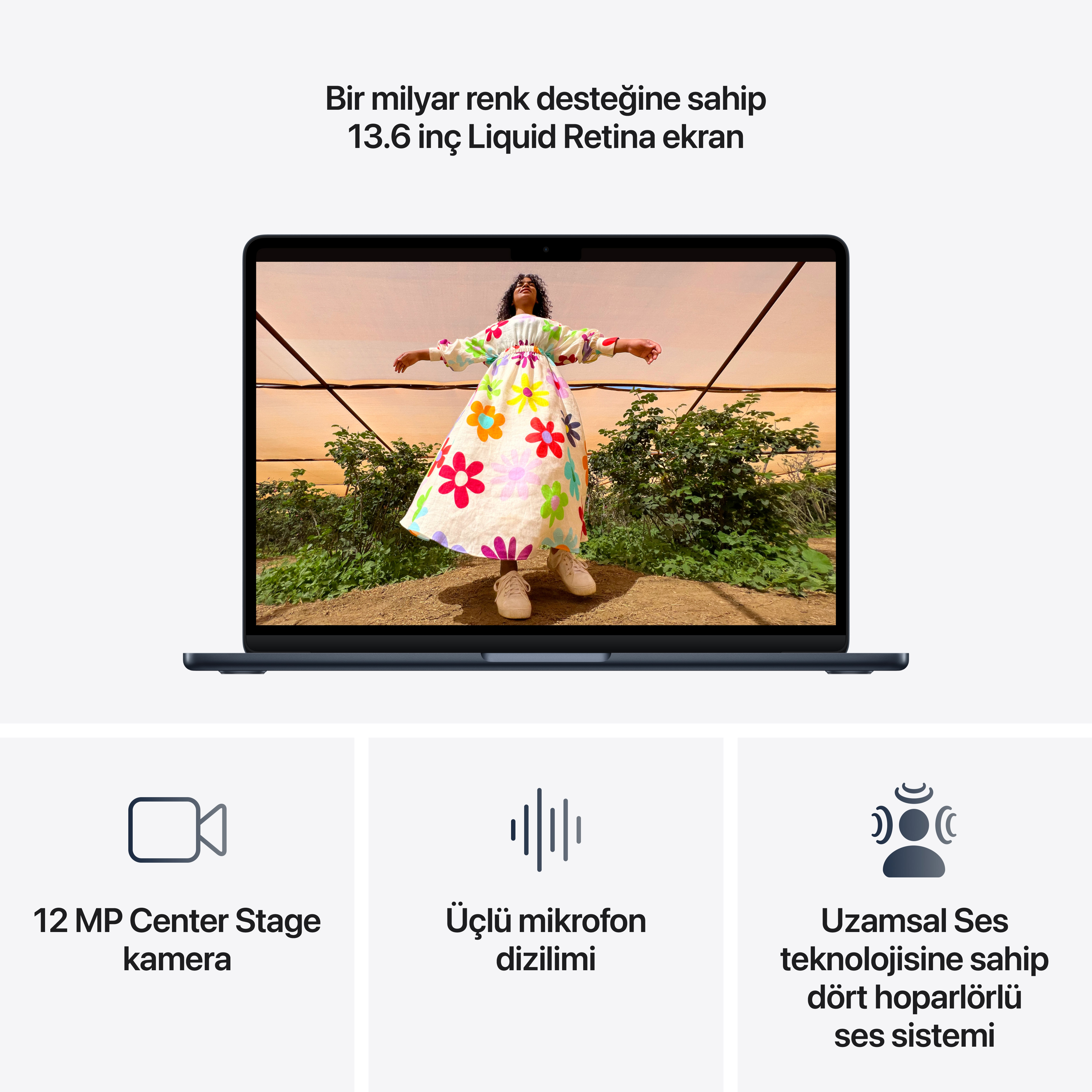 13,6 inç Liquid Retina ekranlı, 12 MP kamera, 3 mikrofon ve 4 hoparlörlü dizüstü bilgisayar.