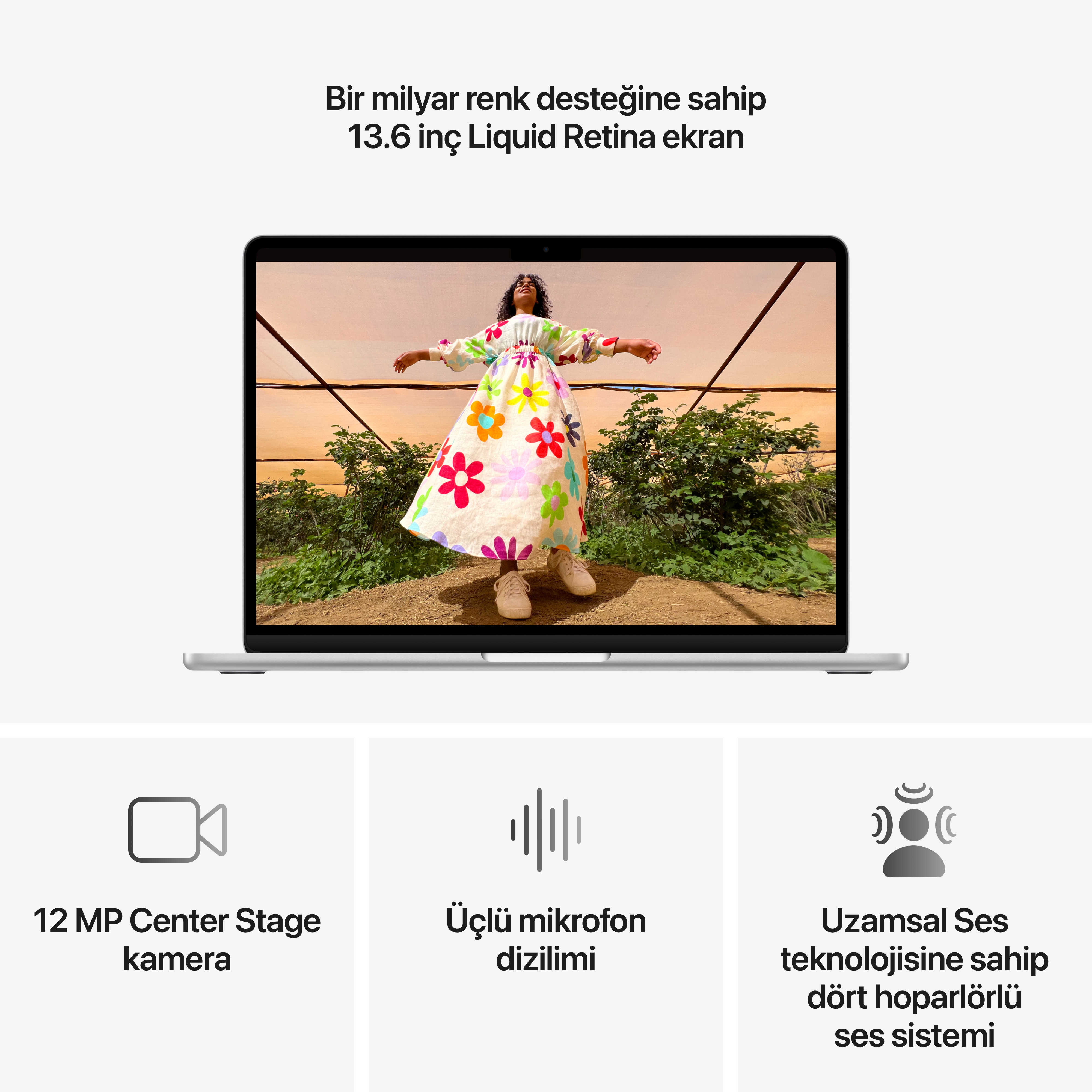 13,6 inç Liquid Retina ekranlı dizüstü bilgisayar, 12 MP kamera, 3 mikrofon, 4 hoparlör.